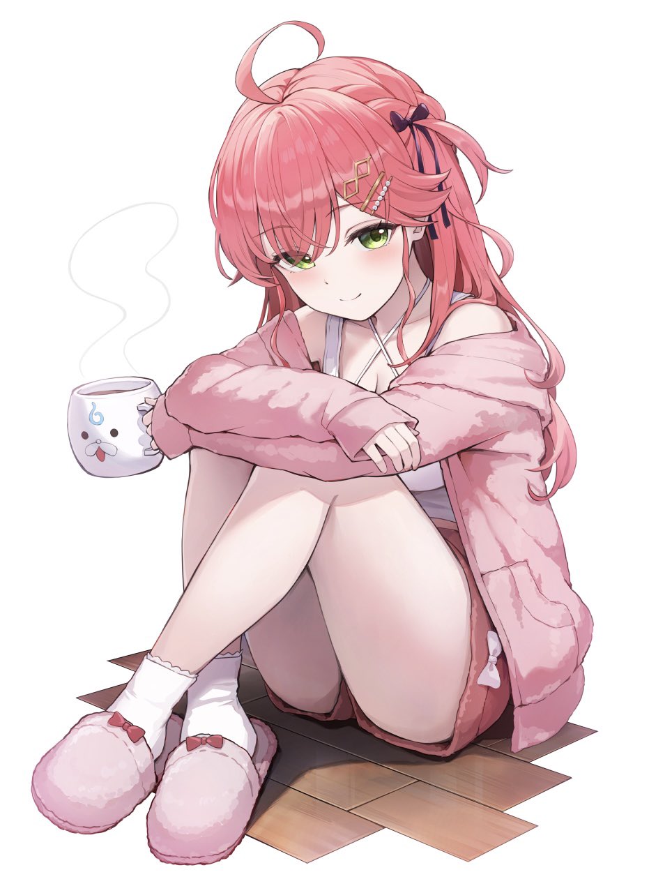 mimihachi, sakura miko, hololive, commentary request, highres, 1girl, ahoge, bare legs, braid, breasts, cardigan, cleavage, closed mouth, crossed ankles, cup, eyes visible through hair, full body, green eyes, hair ornament, hair ribbon, hairclip, halterneck, holding, holding cup, hugging own legs, knees up, legs, legs up, long hair, long sleeves, looking at another, medium breasts, mug, pink cardigan, pink hair, pink shorts, purple ribbon, ribbon, shorts, simple background, sitting, sleeve cuffs, sleeves past wrists, slippers, smile, socks, solo, tank top, thighs, virtual youtuber, white background, white socks, white tank top, wooden floor