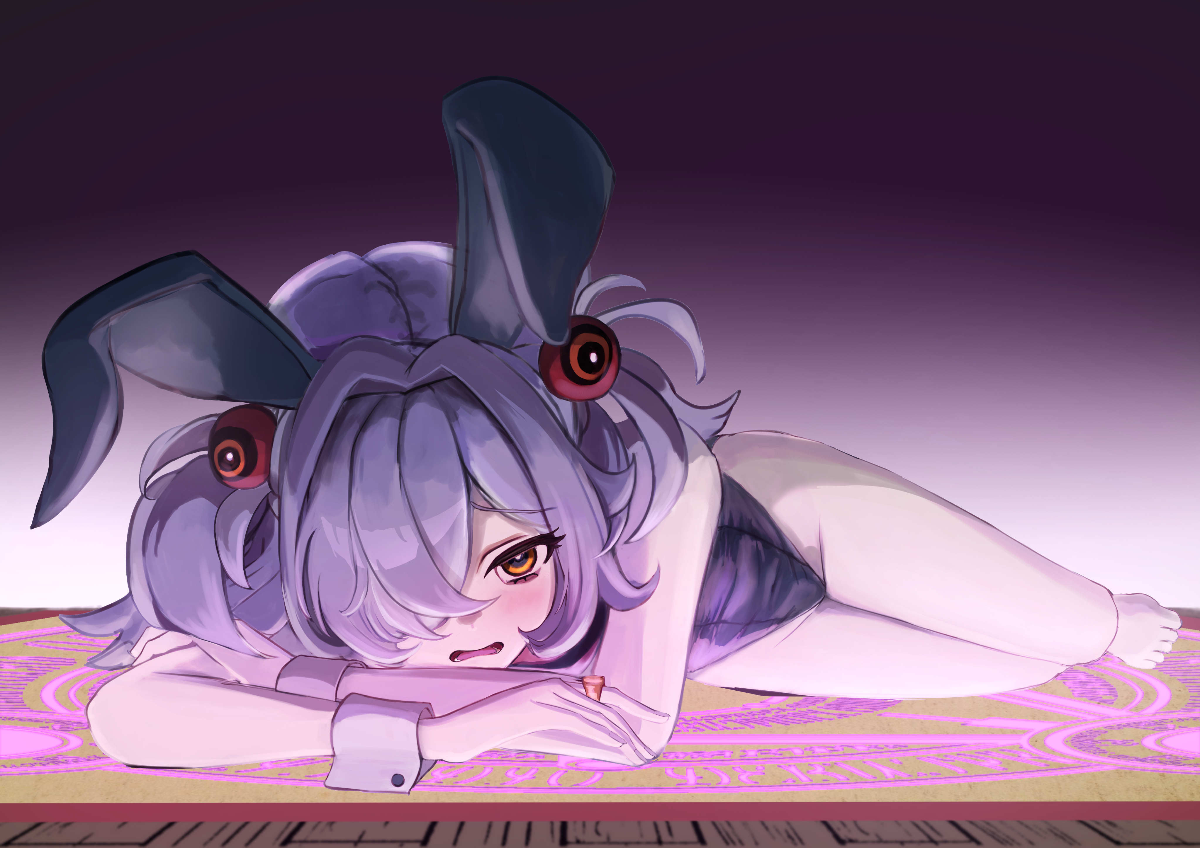 choko bike, kanoe (blue archive), blue archive, absurdres, commentary request, highres, 1girl, animal ears, blush, brown eyes, fake animal ears, grey hair, hair ornament, hair over one eye, jewelry, leotard, long hair, looking at viewer, lying, lying on magic circle, magic circle, on stomach, open mouth, pantyhose, peanut mouth, playboy bunny, rabbit ears, ring, solo, very long hair, wrist cuffs