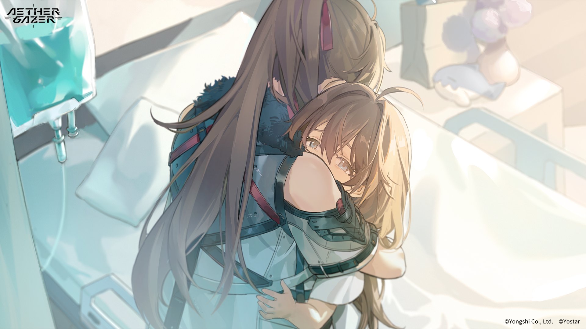 verthandi (aether gazer), aether gazer, yostar, artist request, highres, official art, 2girls, ahoge, bed, brown hair, copyright name, copyright notice, fur trim, grey eyes, hair ribbon, hug, intravenous drip, long hair, multiple girls, pillow, red ribbon, ribbon