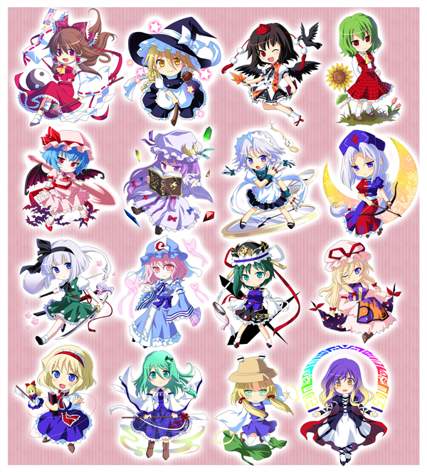 soukuu kizuna, alice margatroid, hakurei reimu, hijiri byakuren, izayoi sakuya, kazami yuuka, kirisame marisa, kochiya sanae, konpaku youmu, konpaku youmu (ghost), moriya suwako, patchouli knowledge, remilia scarlet, saigyouji yuyuko, shameimaru aya, shanghai doll, shiki eiki, yagokoro eirin, yakumo yukari, touhou, silver hair, 6+girls, arrow (projectile), ascot, bat (animal), bat wings, bird, black hair, black wings, blonde hair, blue eyes, blue hair, book, bow, bow (weapon), braid, broom, brown hair, cape, chibi, closed umbrella, crow, detached sleeves, doll, dual wielding, everyone, female focus, flower, frog, gap (touhou), geta, ghost, gohei, gradient hair, green eyes, green hair, hair ornament, hairband, hand fan, hat, holding, japanese clothes, katana, long hair, miko, moon, multicolored hair, multiple girls, one eye closed, pink eyes, pink hair, plaid clothes, plaid skirt, plaid vest, pocket watch, polearm, purple eyes, purple hair, red eyes, short hair, skirt, skirt set, snake, spear, spear the gungnir, string, sunflower, sword, tanto, tengu-geta, tokin hat, twin braids, umbrella, vest, watch, weapon, wings, wink, witch, witch hat, yellow eyes, yin yang