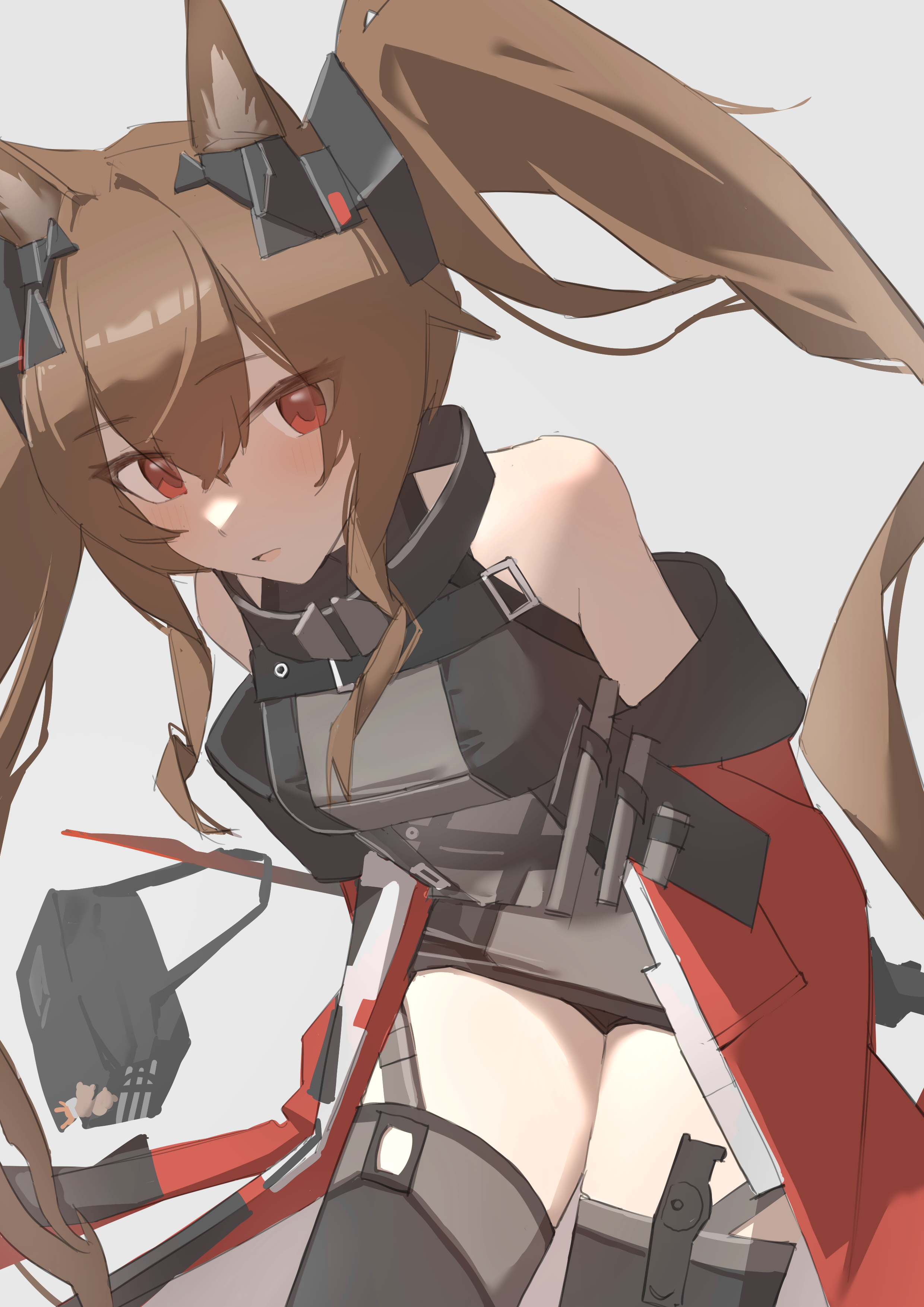 angelina (arknights), gilberta (arknights), arknights, absurdres, commentary, highres, 1girl, animal ear fluff, animal ears, arms behind back, bag, bare shoulders, belt, black bag, black thighhighs, breasts, brown hair, clothes down, coat, dress, fox ears, fox girl, grey dress, hair between eyes, headpiece, high belt, high collar, holding, holding staff, hrtk, impossible clothes, impossible dress, leaning forward, long hair, looking at viewer, medium breasts, messenger bag, off shoulder, open clothes, open coat, red coat, red eyes, short dress, shoulder bag, simple background, solo, staff, thighhighs, thighs, twintails, white background, zettai ryouiki