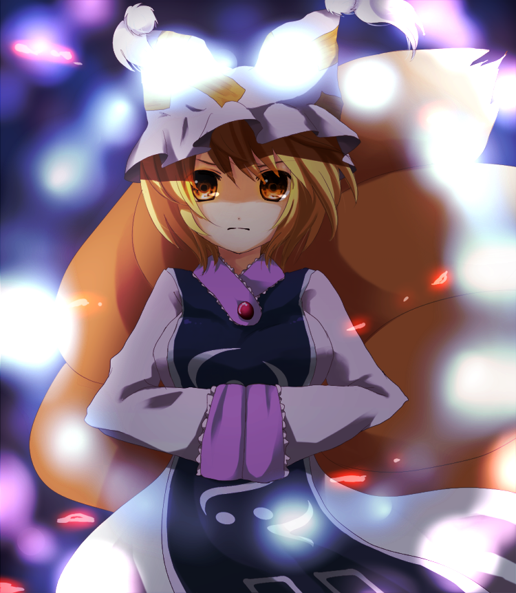 purin jiisan, yakumo ran, touhou, bad id, bad pixiv id, 1girl, animal hat, blonde hair, danmaku, female focus, fox tail, hands in opposite sleeves, hat, kitsune, kyuubi, long sleeves, mob cap, multiple tails, short hair, solo, tail, tassel, wide sleeves, yellow eyes