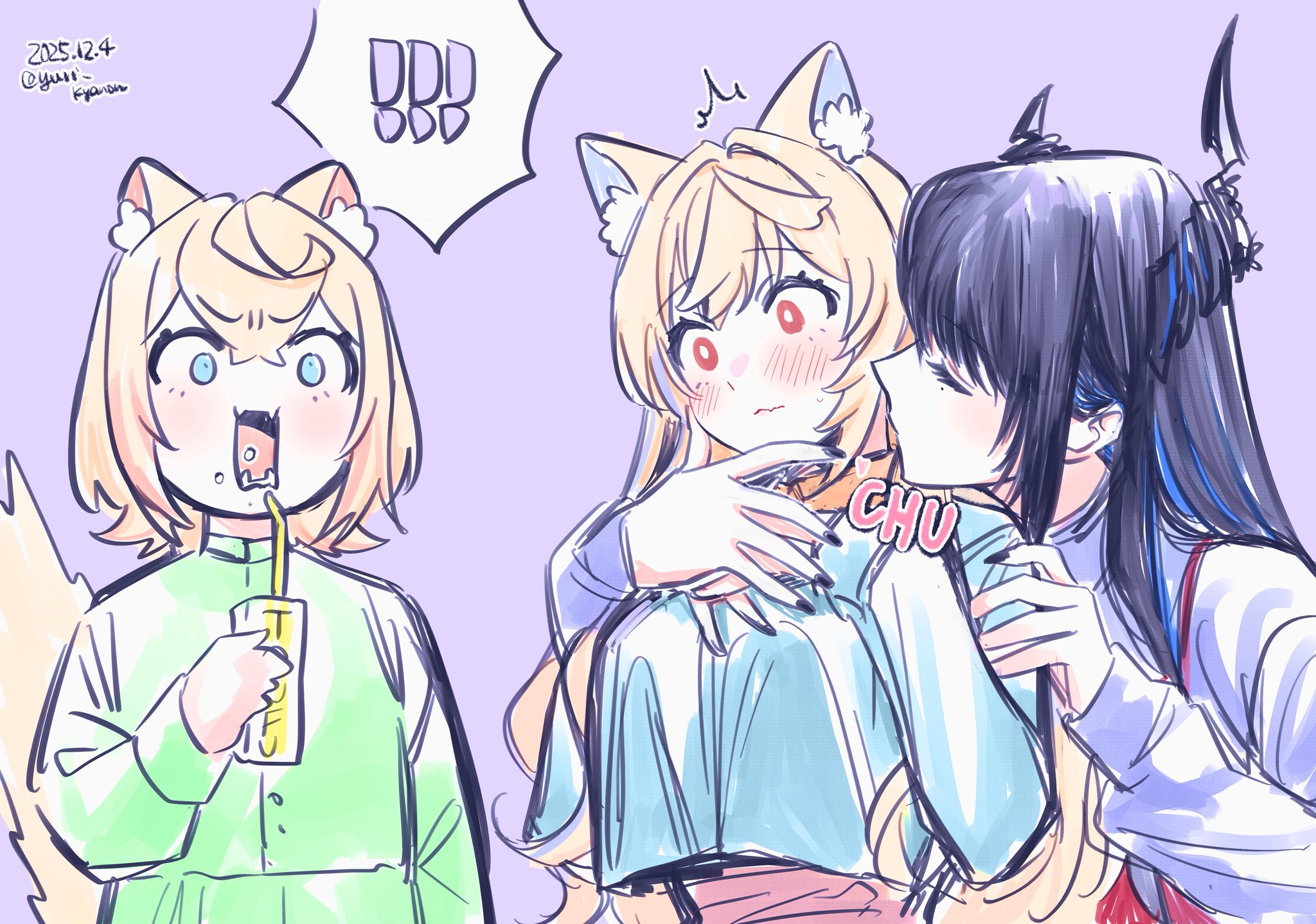 yuri kyanon, fuwawa abyssgard, mococo abyssgard, nerissa ravencroft, hololive, commentary, english commentary, highres, !, !!, 3girls, animal ears, black hair, blonde hair, blue eyes, blue shirt, blush, closed eyes, closed mouth, dated, flower, green shirt, hand on another's arm, hand on another's chest, holding hands, jaw drop, kiss, kissing neck, long hair, long sleeves, multiple girls, open mouth, purple background, purple shirt, red eyes, shirt, short hair, siblings, simple background, sisters, sound effects, straight hair, surprise kiss, surprised, twitter username, virtual youtuber, yuri