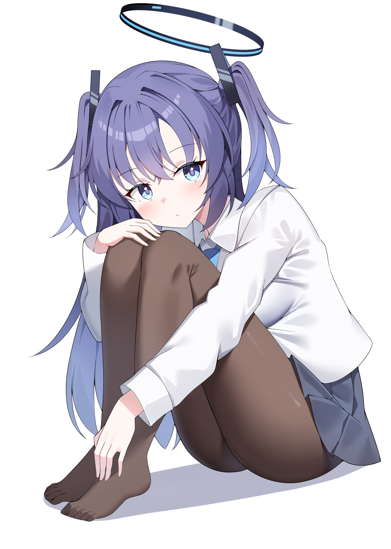 sob (submar1089), yuuka (blue archive), blue archive, highres, 1girl, black pantyhose, black skirt, blue eyes, blush, closed mouth, collared shirt, feet, full body, hair between eyes, halo, hugging own legs, knees up, long hair, long sleeves, looking at viewer, mechanical halo, miniskirt, pantyhose, pink pupils, pleated skirt, purple hair, school uniform, shirt, sitting, skirt, solo, very long hair, white background