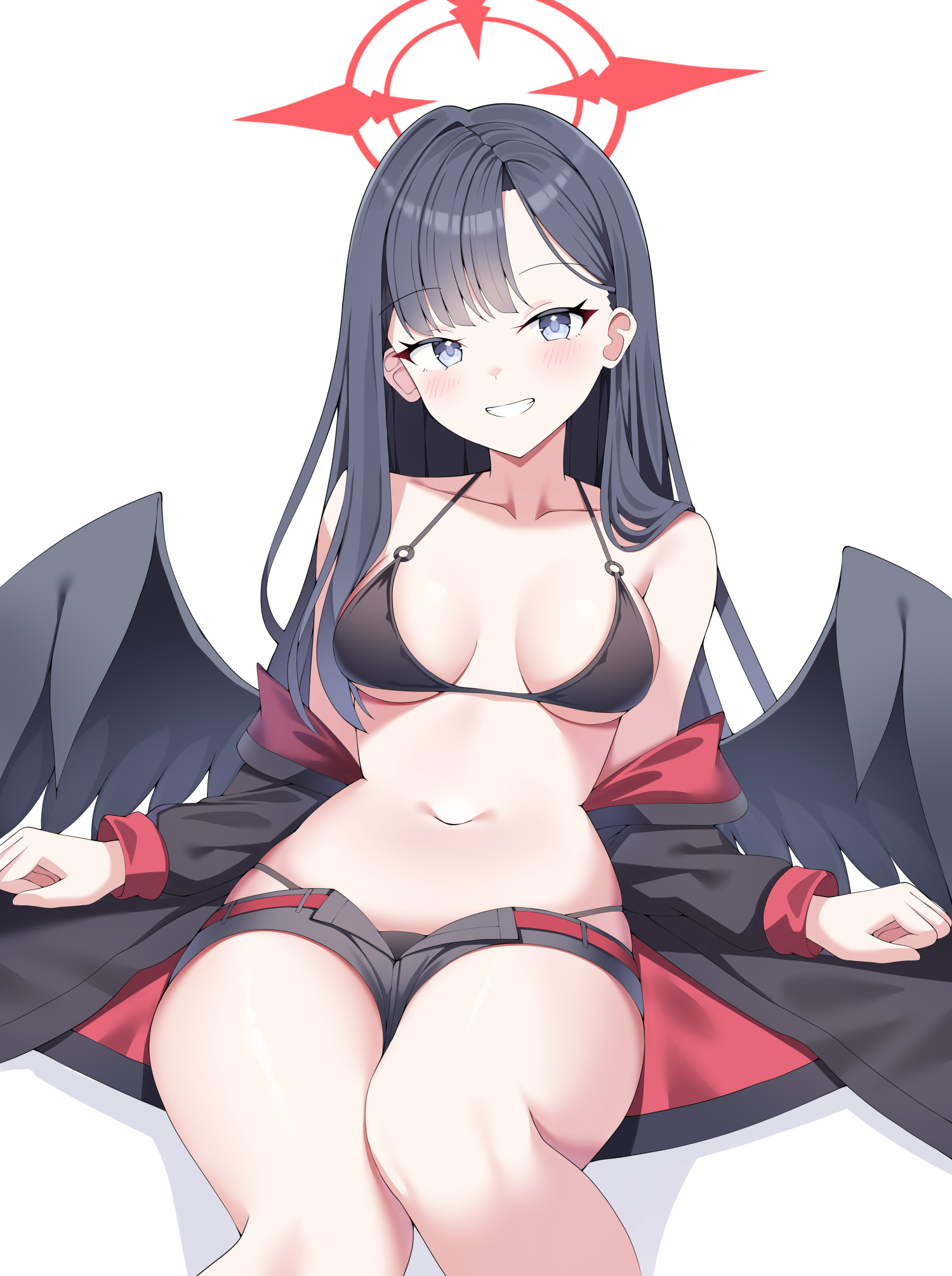 sob (submar1089), ichika (blue archive), ichika (swimsuit) (blue archive), blue archive, highres, 1girl, belt, bikini, black bikini, black eyes, black hair, black jacket, black wings, breasts, feathered wings, grin, halo, happy, jacket, long hair, micro shorts, navel, open clothes, open jacket, open shorts, purple eyes, red belt, red halo, shorts, smile, solo, stomach, swimsuit, thighs, unusually open eyes, wings