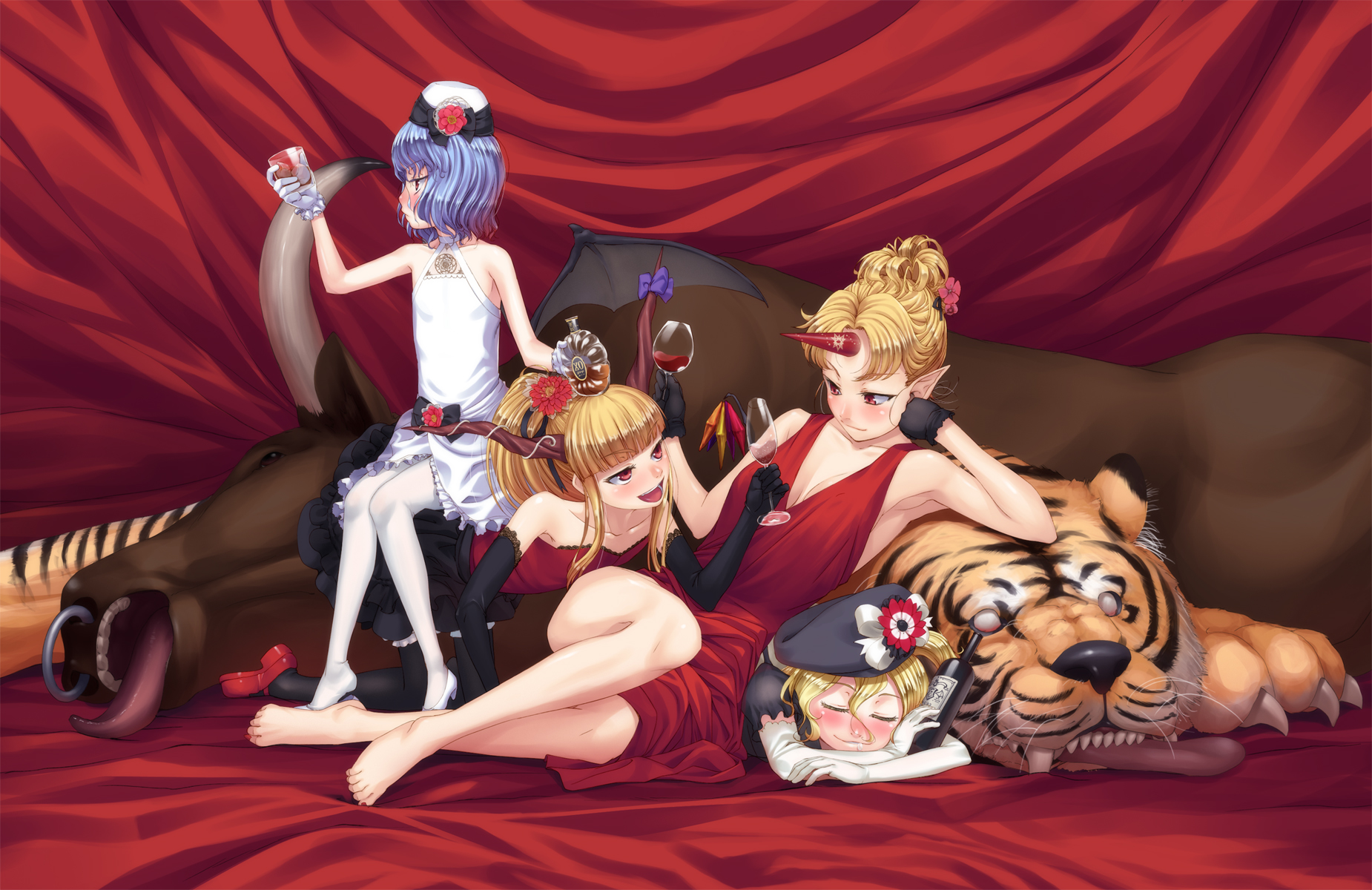 heibonkaeru, flandre scarlet, hoshiguma yuugi, ibuki suika, remilia scarlet, touhou, highres, 4girls, barefoot, bat wings, blonde hair, blue hair, blush, bottle, bull, cup, dress, drinking glass, elbow gloves, feet, female focus, flower, folded ponytail, formal clothes, gloves, hair flower, hair ornament, hat, horns, legs, long hair, multiple girls, ponytail, red eyes, shoe dangle, short hair, side ponytail, single horn, tiger, wine glass, wings