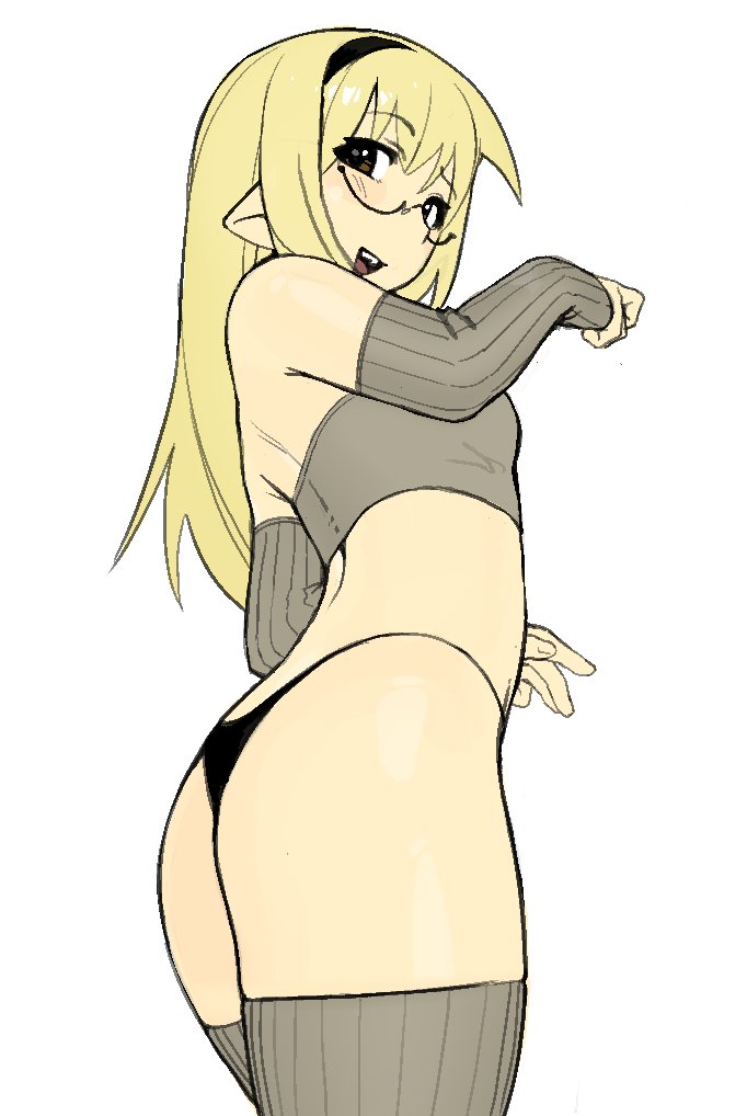 yirtios, original, 1girl, ass, back, bandeau, bare shoulders, black-framed eyewear, black hairband, black panties, blonde hair, brown eyes, cowboy shot, crop top, detached sleeves, from behind, glasses, grey bandeau, grey thighhighs, hairband, hands up, hira (yirtios), long hair, looking at viewer, looking back, median furrow, midriff, open mouth, panties, pointy ears, ribbed sleeves, ribbed thighhighs, semi-rimless eyewear, sleeves past wrists, smile, solo, teeth, thighhighs, thong, underwear, upper teeth only