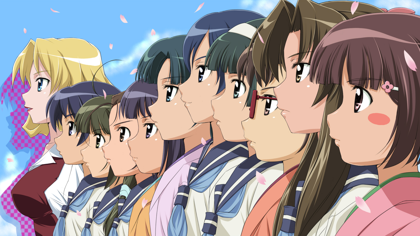 nomal, anna curtland, ishigaki tamaki, kawashima noe, kikusaka kochou, ogasawara akiko, owari noriko, sakurami kyouko, souya yuki, suzukawa koume, tsukubae shizuka, tsukubae tomoe, strike witches, taishou yakyuu musume, world witches series, highres, md5 mismatch, 6+girls, ahoge, blonde hair, blue eyes, blue hair, blunt bangs, brown hair, everyone, glasses, green eyes, green hair, hair ornament, hairband, hairclip, japanese clothes, kimono, long hair, multiple girls, parody, purple eyes, purple hair, red eyes, school uniform, short hair