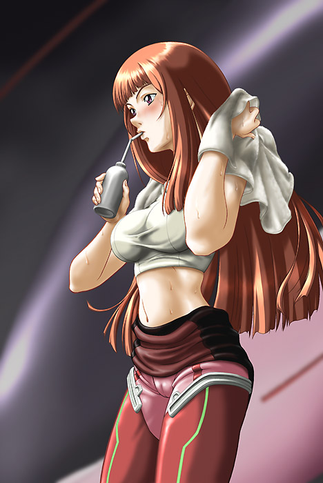 ken marinaris, zone of the enders, zone of the enders 2, artist request, 00s, 1girl, :>=, blunt bangs, blush, bodysuit, bottle, bra, breasts, cameltoe, crop top, drink, drinking, drinking straw, female focus, large breasts, lingerie, long hair, midriff, navel, orange hair, purple eyes, shirt, solo, sports bra, sweat, t-shirt, towel, underwear, very long hair, water bottle, white bra