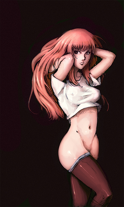ken marinaris, zone of the enders, zone of the enders 2, 00s, 1girl, bottomless, breasts, covered erect nipples, female focus, large breasts, long hair, naked shirt, navel, pink hair, red eyes, shirt, solo, t-shirt, thighhighs