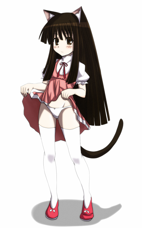 nabeyaki neko, konoe konoka, mahou sensei negima!, 00s, 1girl, aged down, animal ears, blunt bangs, blush, bow, bow panties, brown eyes, brown hair, cat ears, cat tail, clothes lift, dress, dress lift, embarrassed, female focus, hime cut, long hair, panties, skirt, skirt lift, solo, tail, thighhighs, underwear, white panties