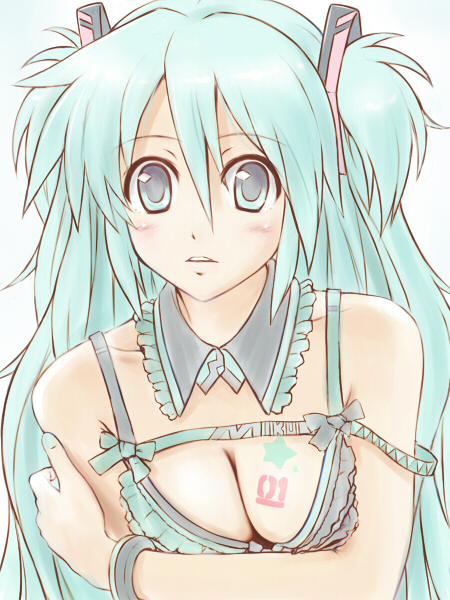 satogo, hatsune miku, vocaloid, bad id, bad pixiv id, 1girl, alternate hairstyle, aqua eyes, aqua hair, breasts, breasts squeezed together, cleavage, female focus, long hair, messy hair, solo, strap slip, twintails, two side up