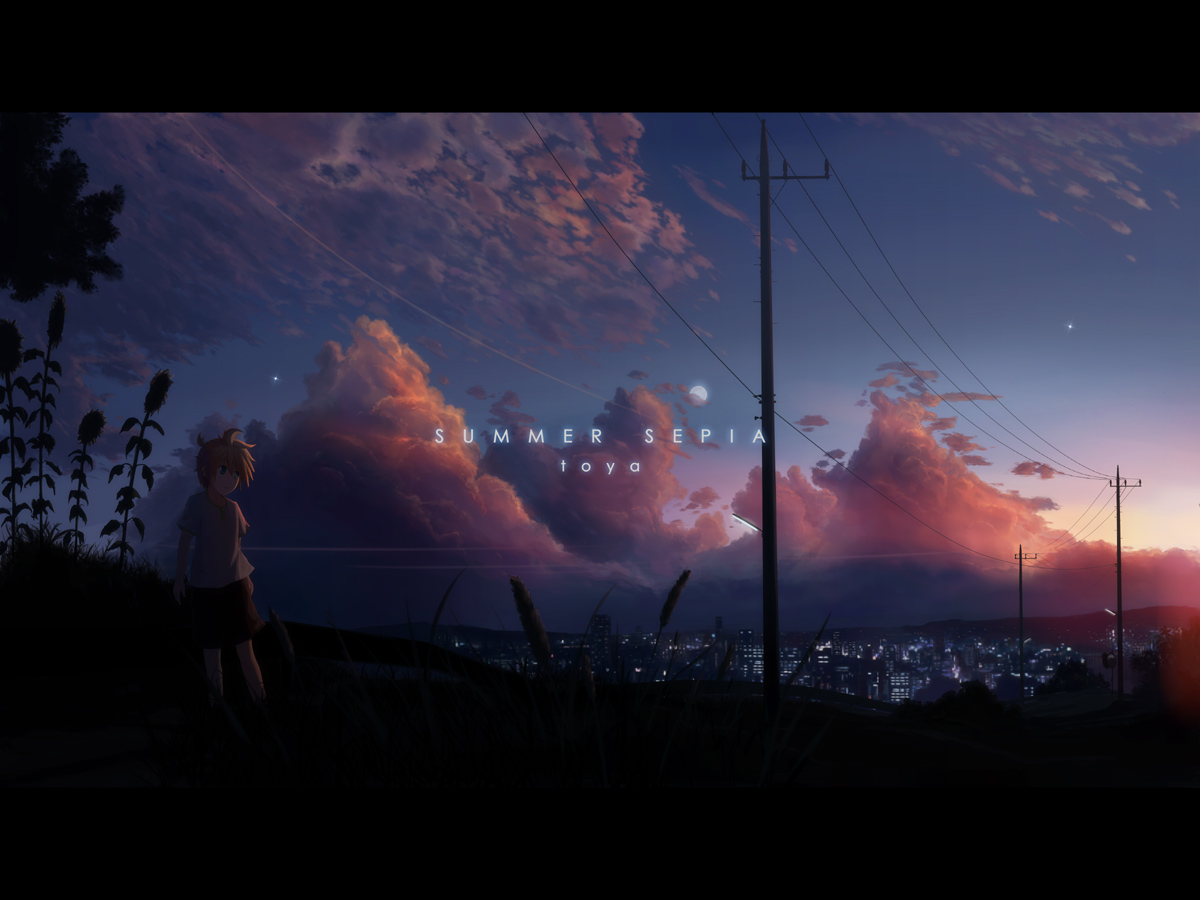 hirobakar, kagamine len, vocaloid, 1boy, cityscape, cloud, male focus, nature, outdoors, plant, power lines, scenery, sky, solo