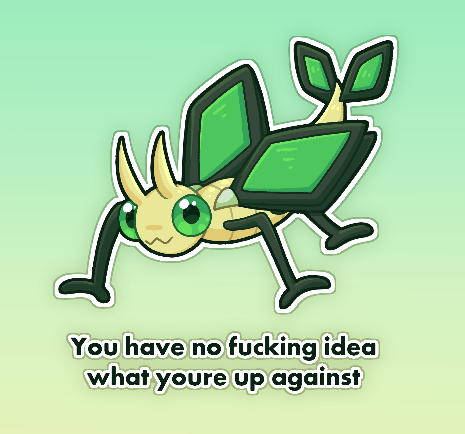 vibrava, nintendo, pokemon, highres, antennae, english text, gen 3 pokemon, gradient background, green background, looking at viewer, meme, no humans, outline, pearlousthetic, pokemon (creature), solo, tail, white outline, wings