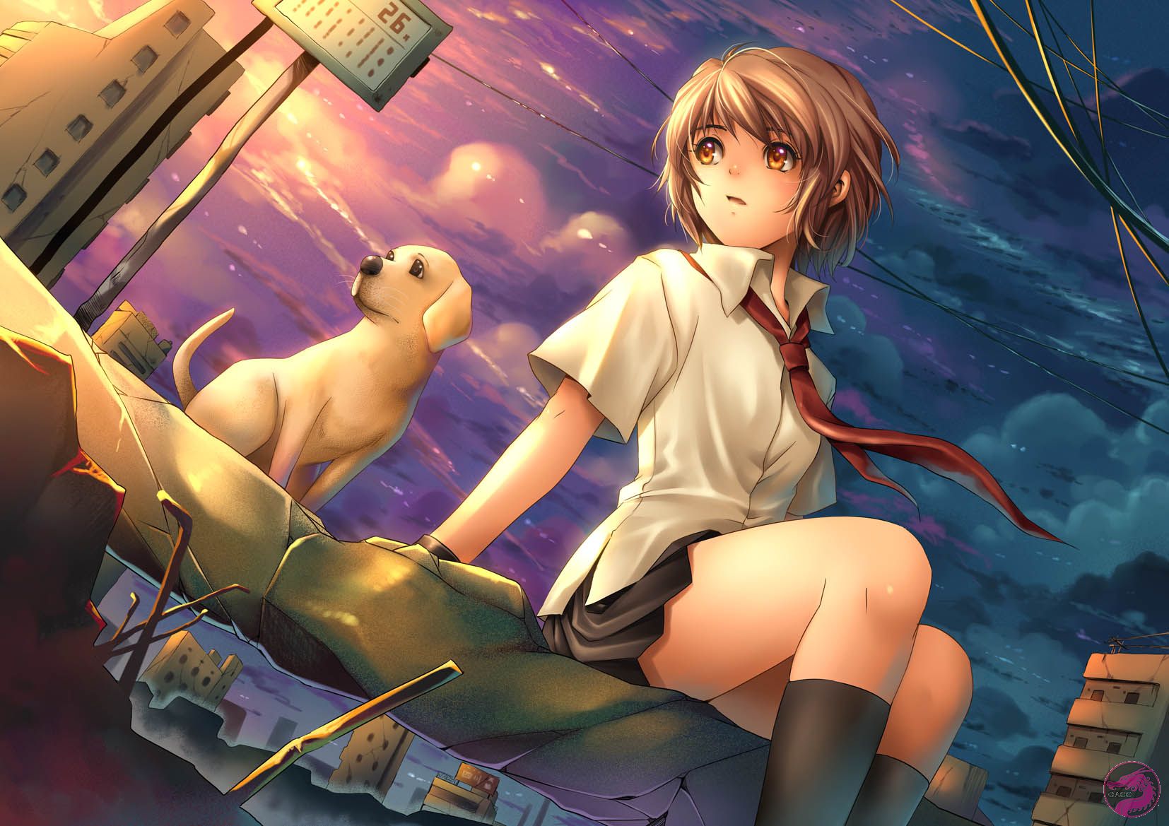 tidsean, highres, brown eyes, brown hair, cityscape, dog, necktie, short hair, sitting, skirt, solo, wind
