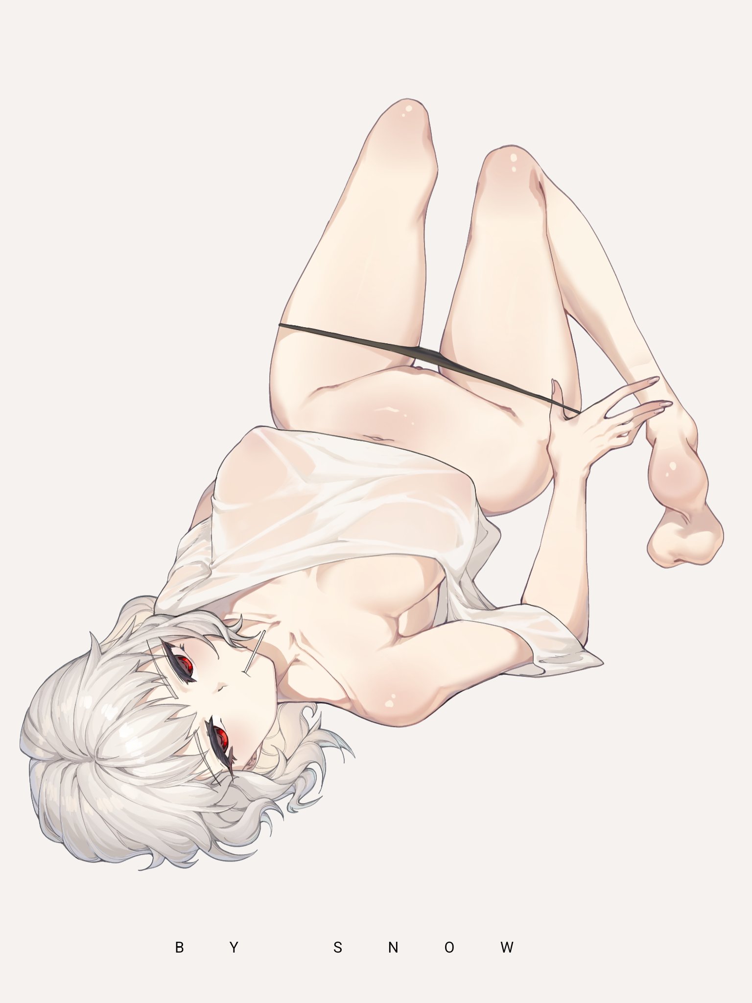 suhyeon, leysritt (fate), fate/stay night, fate (series), highres, 1girl, bare shoulders, barefoot, black panties, blush, breasts, clothes pull, collarbone, covered erect nipples, large breasts, looking at viewer, navel, off shoulder, panties, red eyes, shirt, short hair, short sleeves, solo, underwear, white hair, white shirt