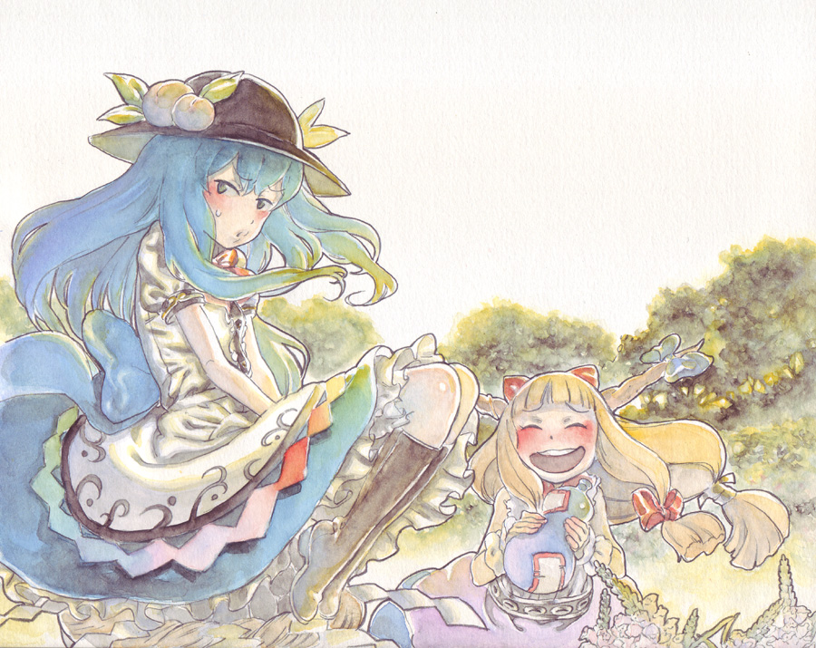 aka renga, raian, hinanawi tenshi, ibuki suika, touhou, painting (medium), traditional media, watercolor (medium), 2girls, blush, drunk, female focus, gourd, hat, horns, laughing, multiple girls