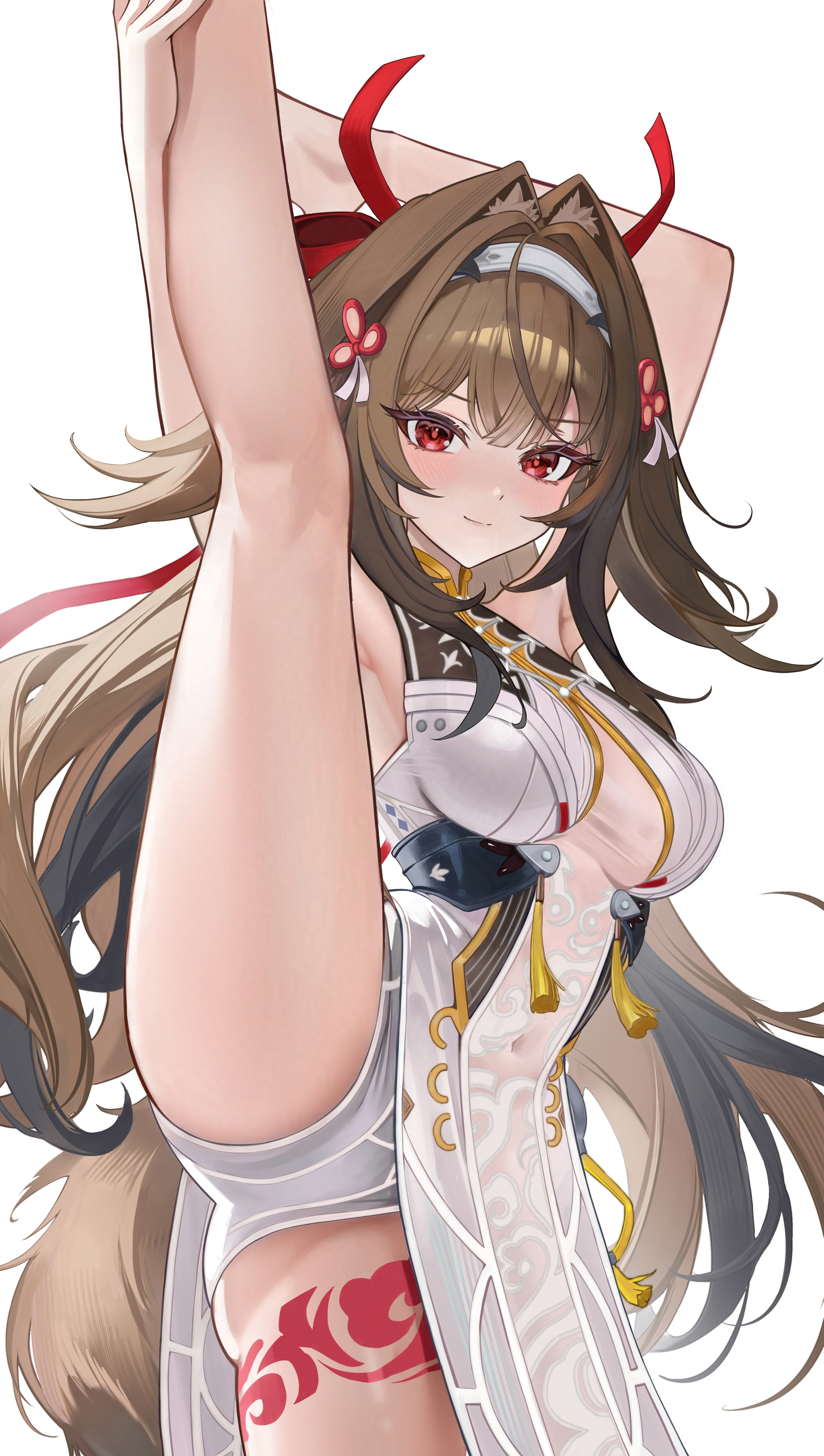 jyn jyn, ye shunguang, zenless zone zero, absurdres, commentary, highres, 1girl, animal ears, armpits, ass, black hair, breasts, brown hair, china dress, chinese clothes, clover hair ornament, covered navel, dress, fox ears, fox girl, fox tail, hair ornament, headband, leg tattoo, light blush, medium breasts, multicolored hair, panties, red eyes, red ribbon, ribbon, sleeveless, smile, spread legs, streaked hair, stretching, tail, tassel, tattoo, thighs, underwear, white background, white panties