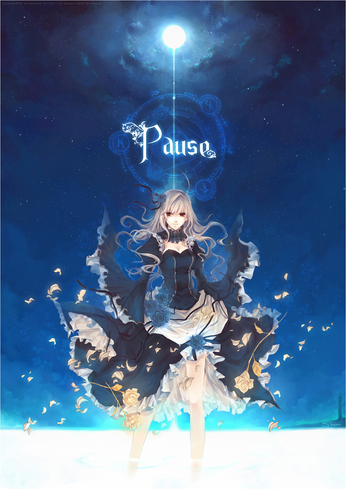 sinsora, original, highres, md5 mismatch, 1girl, blonde hair, blue theme, dress, english text, female focus, flower, full moon, legs, long hair, magic circle, moon, night, petals, red eyes, sky, solo, standing, white hair, wind