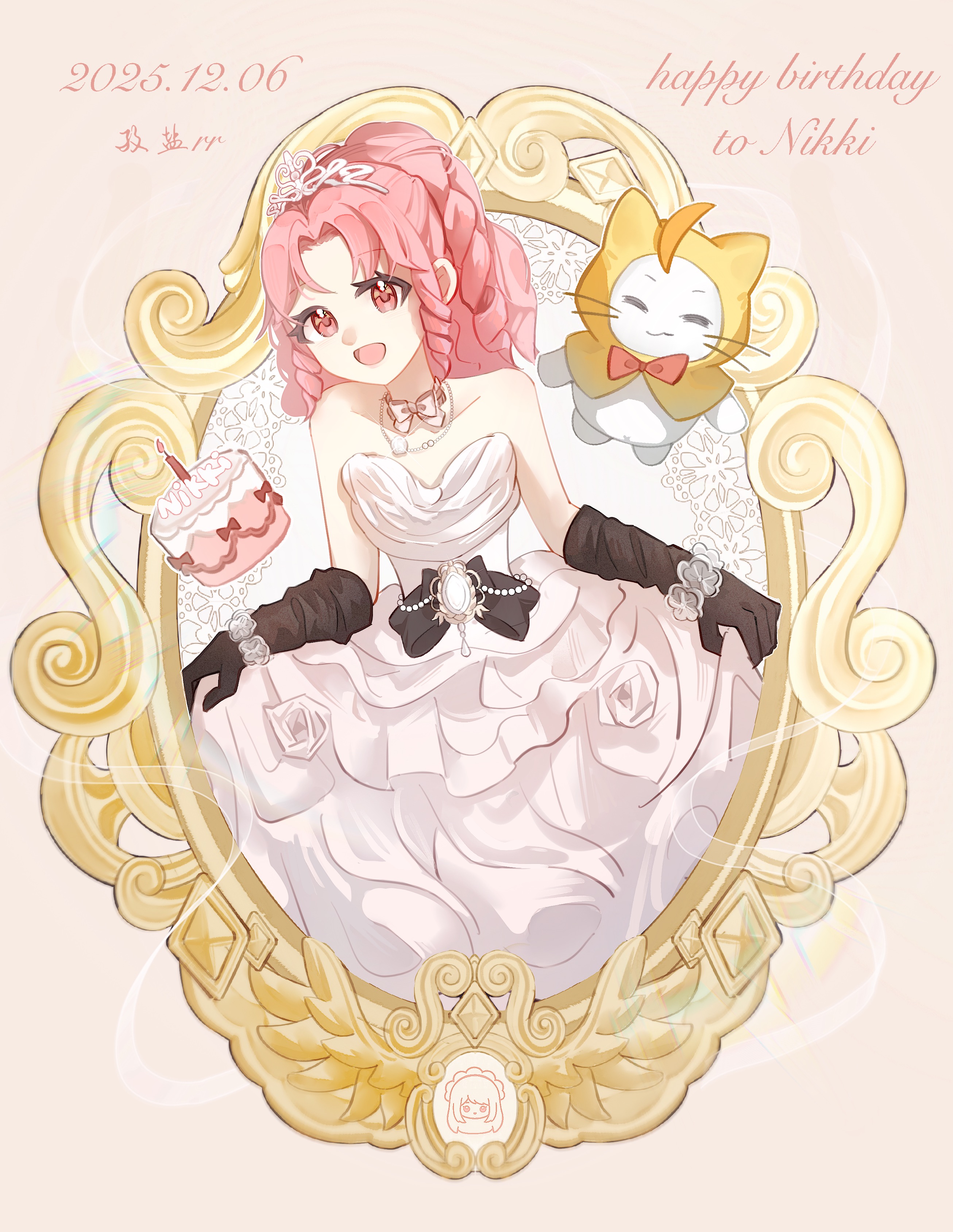 ziyanhaoxianrr, momo (nikki), nikki (nikki), nikki (series), shining nikki, absurdres, chinese commentary, commentary request, highres, 1girl, ahoge, bead necklace, beads, birthday cake, black gloves, boots, bow, bow choker, bowtie, bracelet, brown boots, brown eyes, cake, choker, cloak, collarbone, cowboy shot, curtsey, dress, drill hair, ear covers, elbow gloves, eyelashes, flower, flower bracelet, flower dress, food, gloves, happy, hood, hood up, hooded cloak, jewelry, long hair, loose gloves, mirror, multi-tied hair, necklace, open mouth, parted bangs, pink hair, ponytail, red bow, red bowtie, ringlets, rose, sidelocks, silky sweet dream (shining nikki), simple background, smile, standing, strapless, strapless dress, tiara, traditional bowtie, whiskers, white bow, white bowtie, white choker, white dress, white flower, white rose, yellow cloak