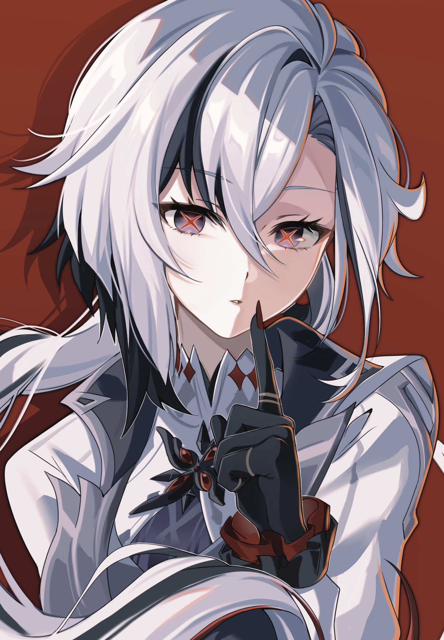 geumxxi, arlecchino (genshin impact), genshin impact, hashtag-only commentary, highres, 1girl, black eyes, black hair, black hands, coat, colored extremities, finger to mouth, frilled sleeves, frills, grey coat, hair between eyes, long hair, long sleeves, looking at viewer, multicolored hair, red background, red nails, red pupils, shushing, simple background, solo, streaked hair, symbol-shaped pupils, upper body, white hair, x-shaped pupils