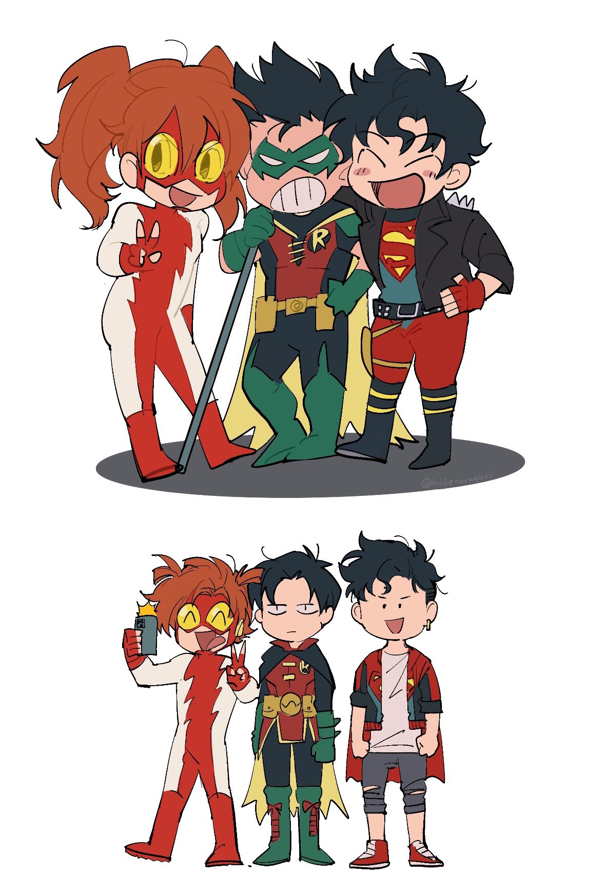 hokkemaruyaki, bart allen, conner kent, damian wayne, irey west, tim drake, dc comics, twitter, 1girl, 5boys, bodysuit, fingerless gloves, gloves, jon kent, looking at viewer, multiple boys, simple background, v, white background