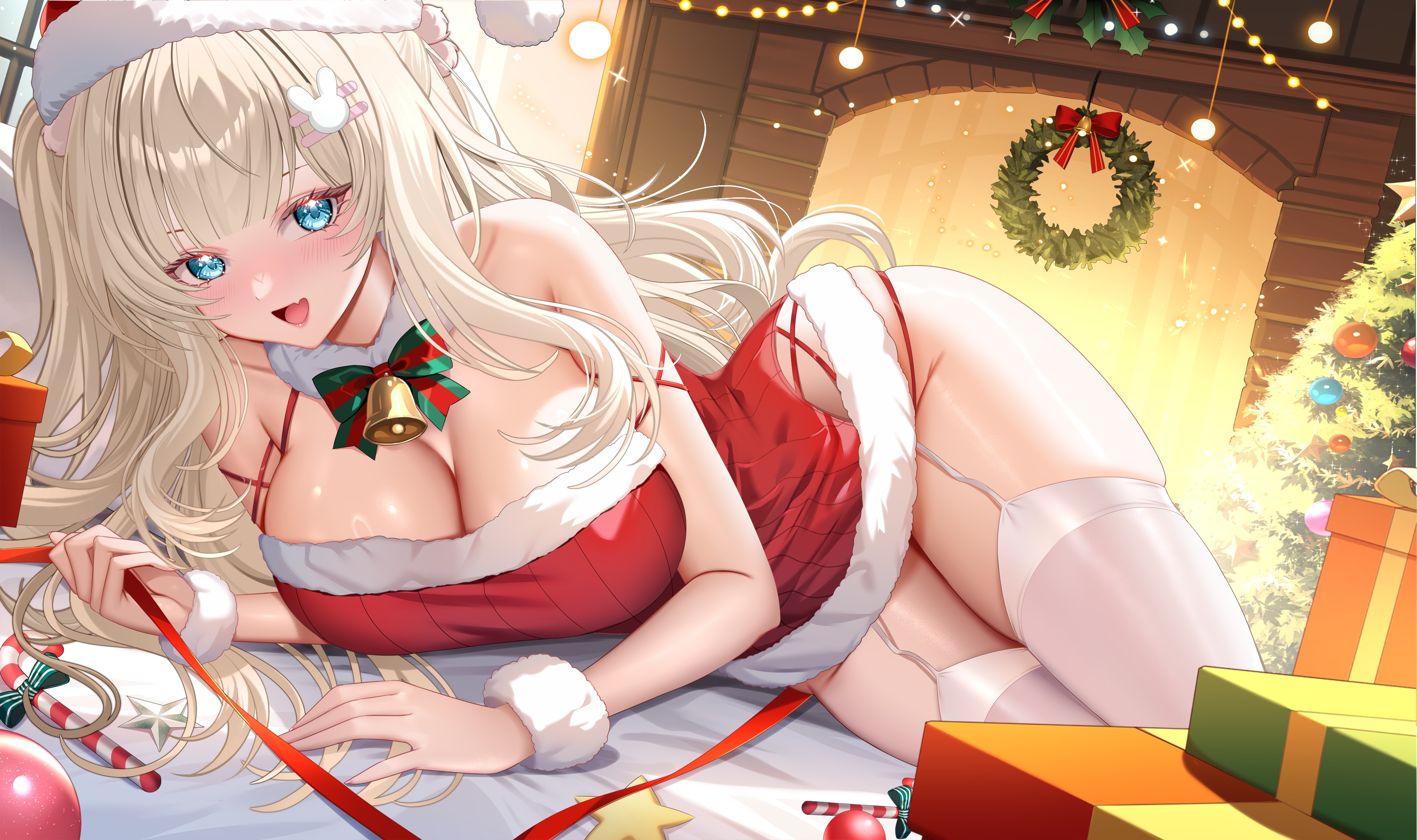 blondedaze, indie virtual youtuber, absurdres, highres, second-party source, 1girl, bell, blonde hair, blue eyes, box, breasts, candy, candy cane, cheese art studio, christmas ornaments, christmas tree, cleavage, dress, fang, food, fur-trimmed dress, fur trim, gift, gift box, hair ornament, hat, long hair, neck bell, open mouth, rabbit hair ornament, red dress, red hat, red ribbon, ribbed dress, ribbon, santa costume, santa dress, santa hat, skin fang, solo, star (symbol), thighhighs, virtual youtuber, white thighhighs, wreath, ych commission