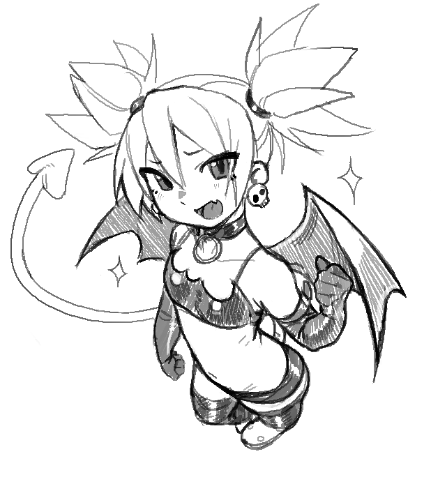 yirtios, etna (disgaea), disgaea, makai senki disgaea, 1girl, bat wings, bikini, bikini top only, choker, crop top, demon girl, demon tail, demon wings, earrings, elbow gloves, fang, flat chest, from above, full body, furrowed brow, gloves, greyscale, hand up, jewelry, looking at viewer, looking up, miniskirt, monochrome, navel, o-ring, o-ring choker, o-ring collar, open mouth, pear-shaped figure, pointy ears, sketch, skin fang, skirt, skull earrings, smile, solo, spaghetti strap, standing, swimsuit, tail, thighhighs, twintails, wings