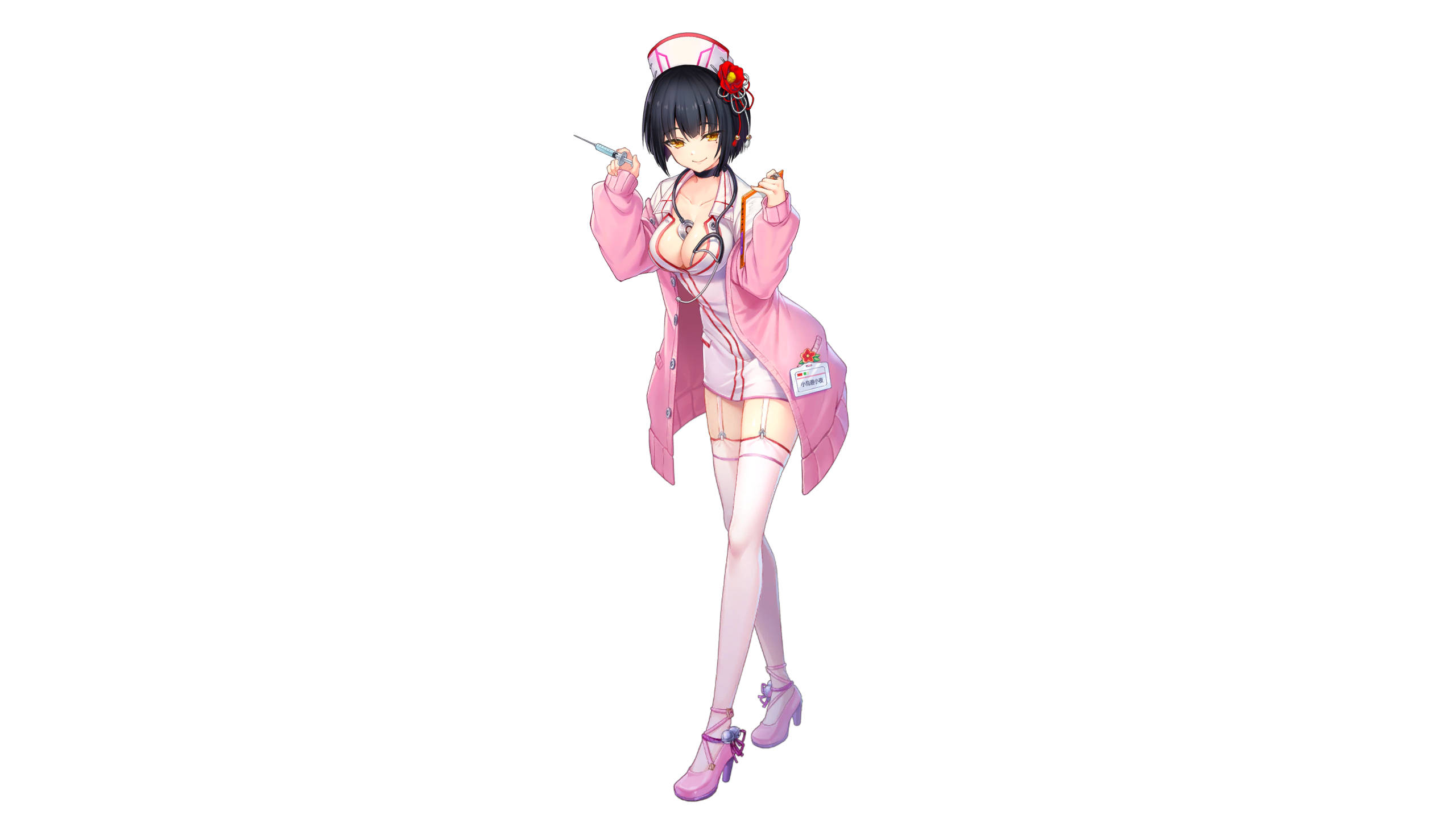 tokyo necro suicide mission, highres, non-web source, 1girl, anklet, between breasts, black hair, breasts, cardigan, choker, closed mouth, dress, flower, full body, garter straps, hair flower, hair ornament, hands up, hat, high heels, holding, id card, jewelry, mole, mole under eye, nurse, nurse cap, off shoulder, open clothes, pink cardigan, pink shoes, ribbon choker, shoes, solo, standing, stethoscope, syringe, takanashi sayo, thighhighs, white dress, white thighhighs, yellow eyes