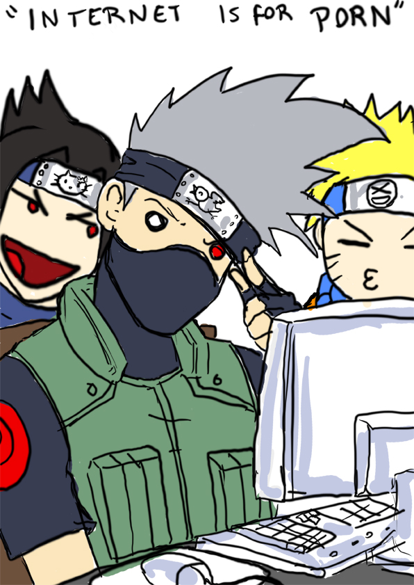 hatake kakashi, uchiha sasuke, uzumaki naruto, hello kitty, naruto (classic), naruto (series), sanrio, silver hair, artist request, > <, 3boys, :3, :d, = =, bird, black hair, blonde hair, blouse, blue shirt, cat, chair, closed eyes, computer, computer keyboard, computer mouse, covered mouth, english text, facial mark, fingerless gloves, flak jacket, gloves, hair intakes, headband, heterochromia, indoors, jacket, male focus, mask, multiple boys, naughty face, ninja, o o, on chair, open mouth, parody, parted bangs, red eyes, sharingan, shirt, short hair, simple background, sitting, smile, spiked hair, v-shaped eyebrows, vest, whisker markings, white background, white eyes, xd