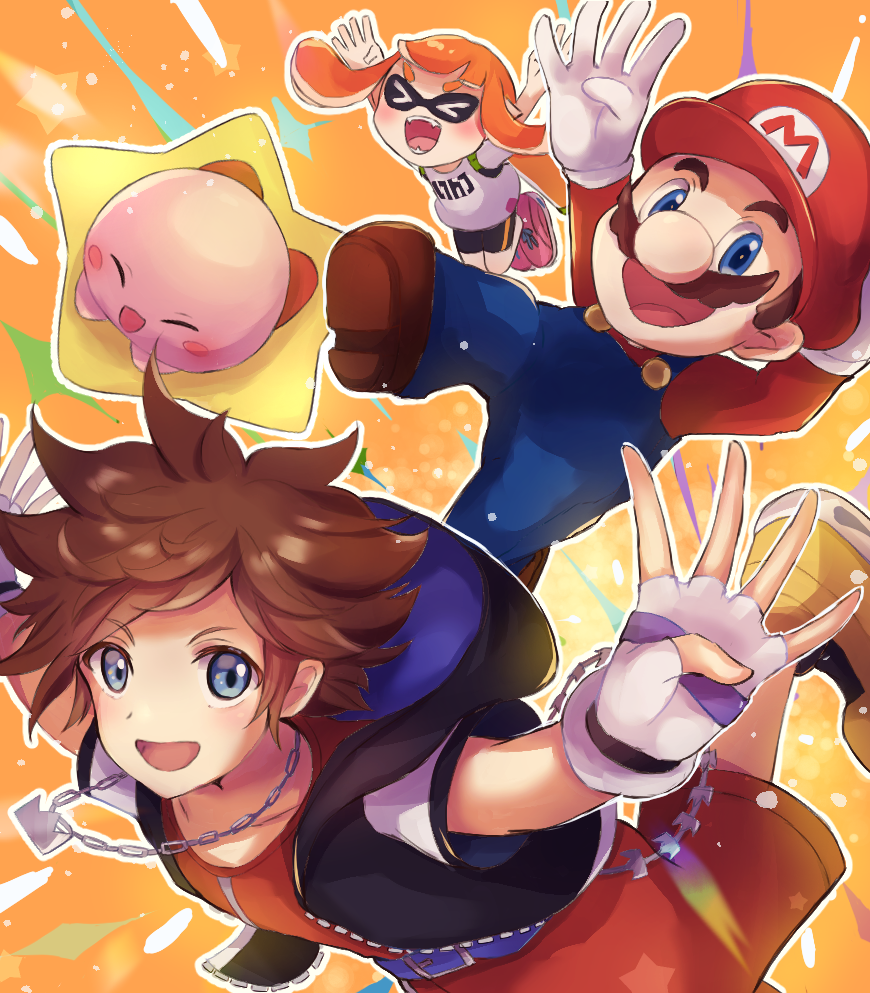 norimaki (nrmk norinori), inkling girl, inkling player character, kirby, mario, sora (kingdom hearts), kingdom hearts, kirby (series), mario (series), nintendo, splatoon (series), super smash bros., commentary request, > <, 1girl, 2boys, :d, arms up, black shorts, blue eyes, blue overalls, blush, blush stickers, brown hair, brown shoes, chain, chain necklace, crown necklace, facial hair, fangs, fingerless gloves, floating, gloves, hat, hood, hood down, hooded jacket, inkling, jacket, jewelry, letter print, long sleeves, looking at viewer, multiple boys, mustache, necklace, open clothes, open jacket, open mouth, orange background, orange hair, overalls, pink shoes, pointy ears, red hat, shirt, shoes, short hair, short sleeves, shorts, smile, spiked hair, tentacle hair, white gloves, white shirt, xd, yellow background, yellow shoes
