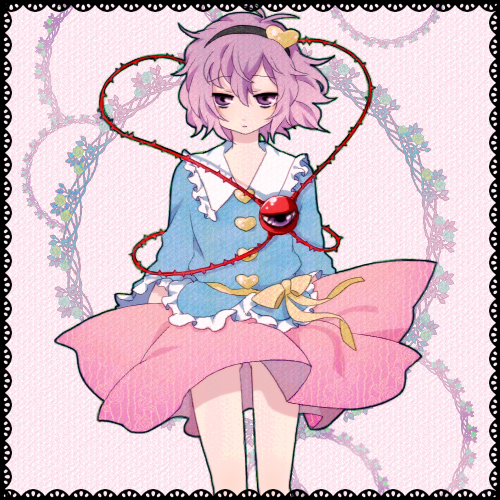mot, komeiji satori, touhou, lowres, 1girl, female focus, hairband, purple eyes, purple hair, short hair, solo, standing