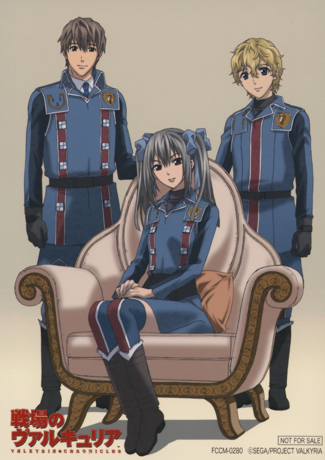 edy nelson, homer peron, welkin gunther, senjou no valkyria, senjou no valkyria (series), senjou no valkyria 1, highres, scan, 00s, 1girl, 2boys, chair, military, military uniform, multiple boys, sitting, twintails