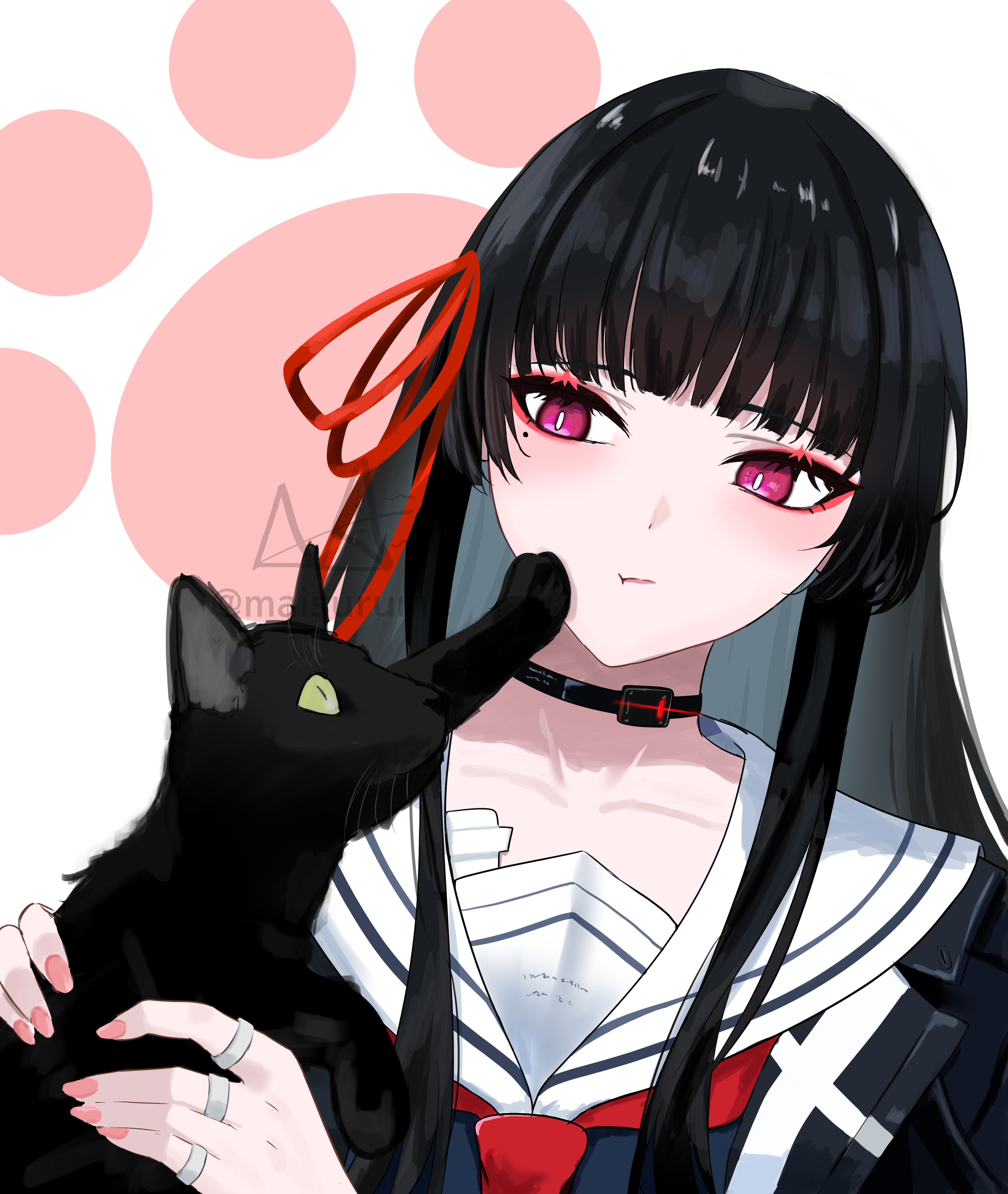 chisa (wuthering waves), wuthering waves, absurdres, commentary, highres, 1girl, animal, black cat, black choker, black hair, bright pupils, cat, choker, closed mouth, collarbone, fingernails, hair ribbon, holding, holding animal, holding cat, long fingernails, long hair, maisurume, mole, mole under eye, pink eyes, portrait, red ribbon, ribbon, sailor collar, solo, white pupils, white sailor collar