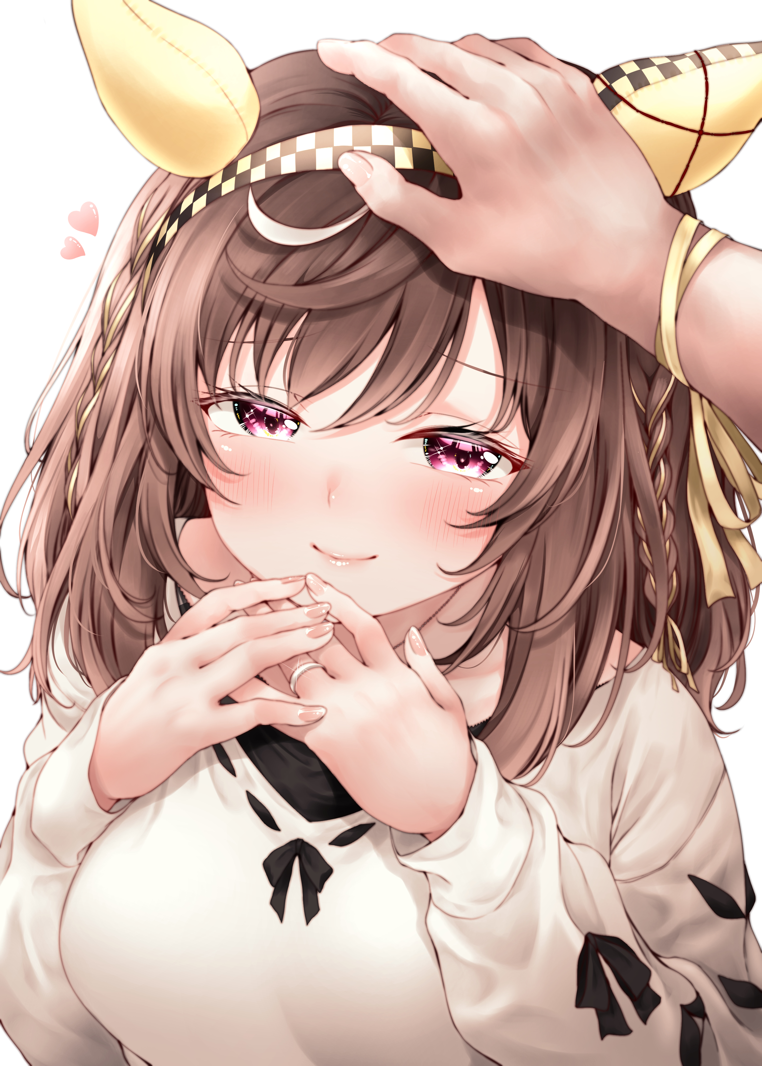 red hayao, buena vista (casual) (umamusume), buena vista (umamusume), umamusume, absurdres, commentary request, highres, 1girl, 1other, animal ears, breasts, brown hair, closed mouth, ear covers, hand on another's head, horse ears, long sleeves, looking at viewer, medium breasts, petting, shirt, solo focus, white shirt