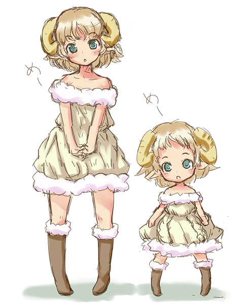 kani hira, kanihira, original, 2girls, aged down, blonde hair, blue eyes, boots, dress, horns, monster girl, multiple girls, sheep girl, short hair, standing