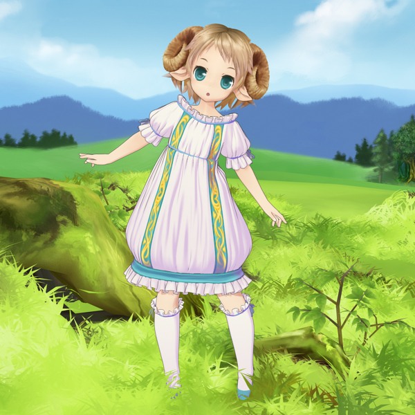 kani hira, kanihira, original, 1girl, 3d, blonde hair, blue eyes, female focus, field, grass, horns, monster girl, sheep girl, solo