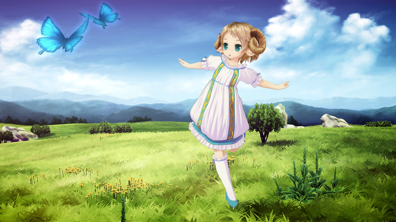 kani hira, kanihira, original, 1girl, 3d, blonde hair, blue eyes, blue shoes, blue sky, bug, butterfly, cloud, cloudy sky, dress, female focus, field, flower, full body, grass, horns, insect, kneehighs, monster girl, mountain, open mouth, outdoors, outstretched arms, plant, pointy ears, puffy short sleeves, puffy sleeves, sheep girl, shoes, short hair, short sleeves, sky, socks, solo, standing, standing on one leg, white dress, white socks