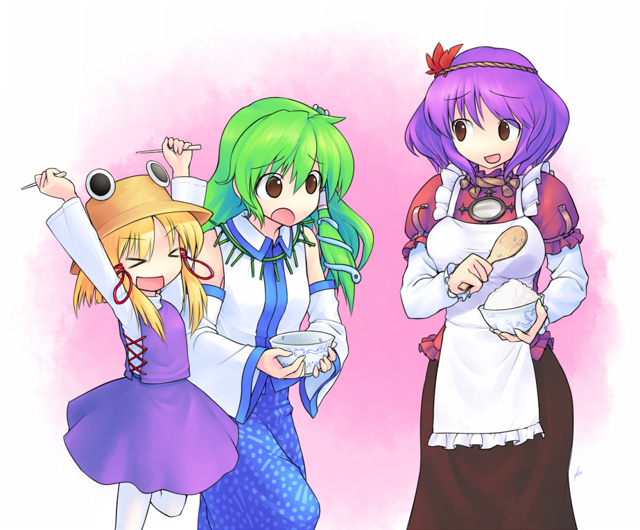 ebizome, kochiya sanae, moriya suwako, yasaka kanako, touhou, > <, 3girls, apron, arms up, bowl, chopsticks, closed eyes, family, female focus, hair ornament, leaf hair ornament, multiple girls, rice, rice bowl, shamoji