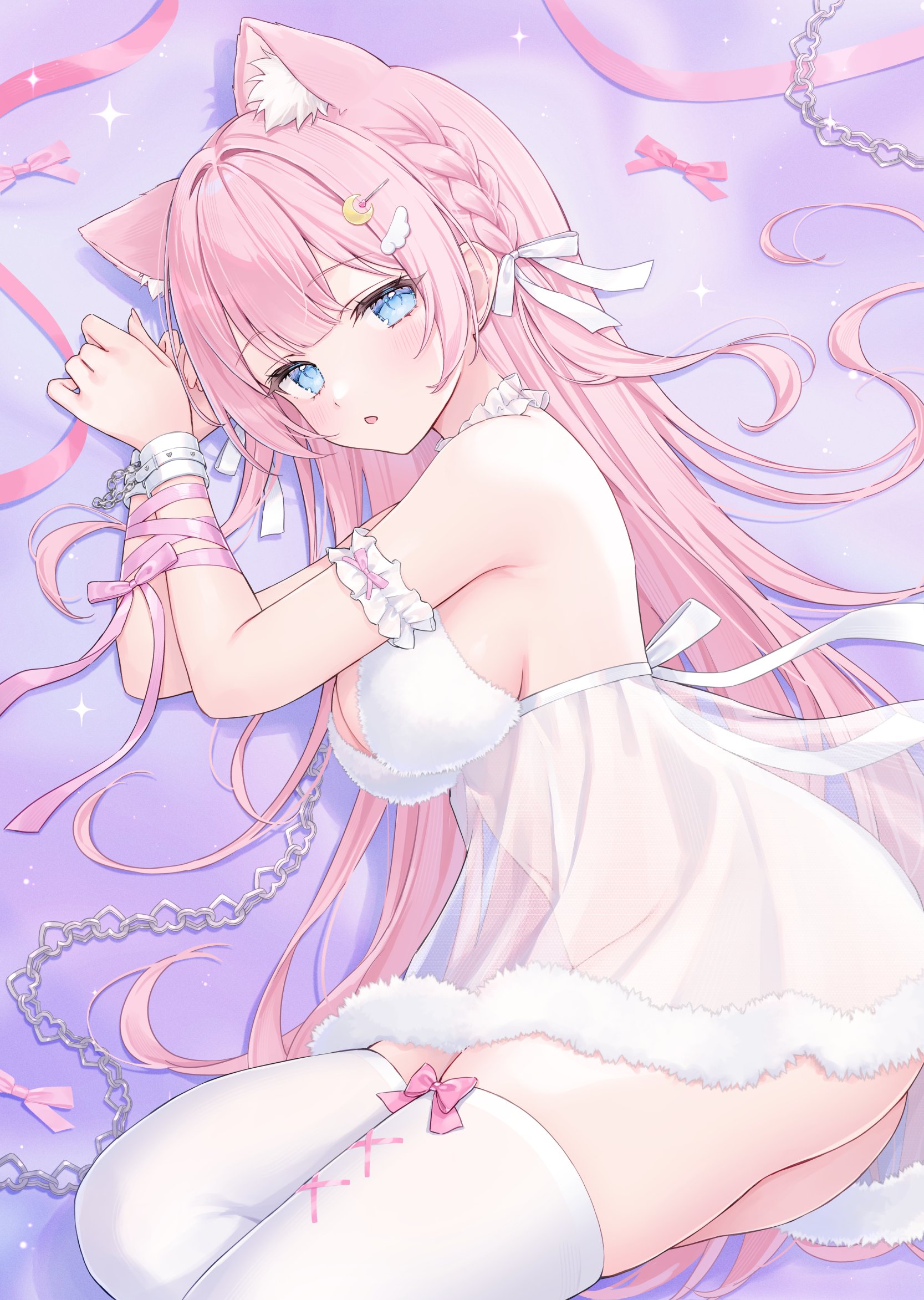 shano hiyori, original, commentary request, highres, 1girl, animal ear fluff, animal ears, babydoll, bare shoulders, blue eyes, bound, bound wrists, braid, breasts, cat ears, chain, choker, extra ears, feet out of frame, fingernails, frilled babydoll, frilled choker, frills, hair ornament, hair ribbon, hairclip, large breasts, light blush, long fingernails, long hair, looking at viewer, lying, navel, on side, open mouth, parted lips, pink hair, pink ribbon, ribbon, see-through babydoll, see-through clothes, skindentation, solo, thighhighs, very long hair, white babydoll, white thighhighs