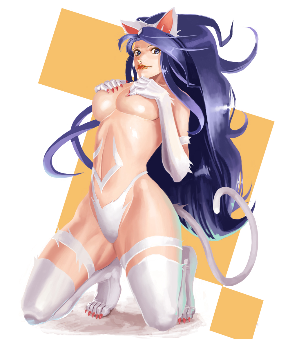 kukkii, felicia (darkstalkers), capcom, darkstalkers, 1girl, :p, @ @, animal ears, animal hands, big hair, blue eyes, blue hair, breast suppress, breasts, cat ears, cat girl, cat tail, covering breasts, covering privates, fang, female focus, full body, large breasts, long hair, matching hair/eyes, ringed eyes, solo, squatting, tail, thighhighs, tongue, tongue out, very long hair