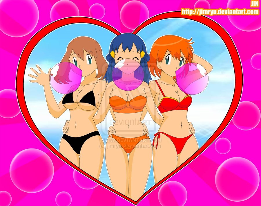 jimryu, dawn (pokemon), may (pokemon), misty (pokemon), nintendo, pokemon, pokemon (anime), pokemon (classic anime), pokemon dppt (anime), pokemon rse (anime), 3girls, arm around waist, arm behind head, arm up, bikini, black bikini, blowing bubble gum, blowing bubbles, blue eyes, blue hair, breasts, brown hair, bubble, bubble background, chewing gum, cleavage, closed eyes, cloud, collarbone, curvy, day, hair ornament, hairclip, heart, huge breasts, large breasts, long hair, multiple girls, ocean, orange bikini, orange hair, outdoors, pink background, red bikini, short hair, side-tie bikini bottom, sky, strapless, strapless bikini, sunburst, sunburst background, swimsuit, water, watermark, wavy hair, web address