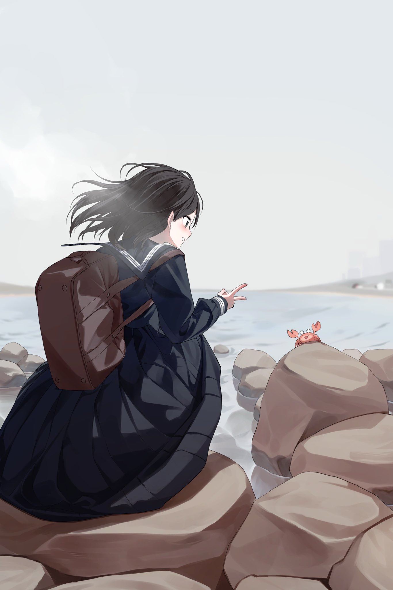 pentagon (railgun ky1206), original, commentary request, highres, 1girl, backpack, bag, black eyes, black hair, blue sailor collar, blue shirt, blue skirt, brown bag, crab, from behind, long sleeves, medium hair, outdoors, parted lips, sailor collar, school uniform, serafuku, shirt, skirt, solo, v