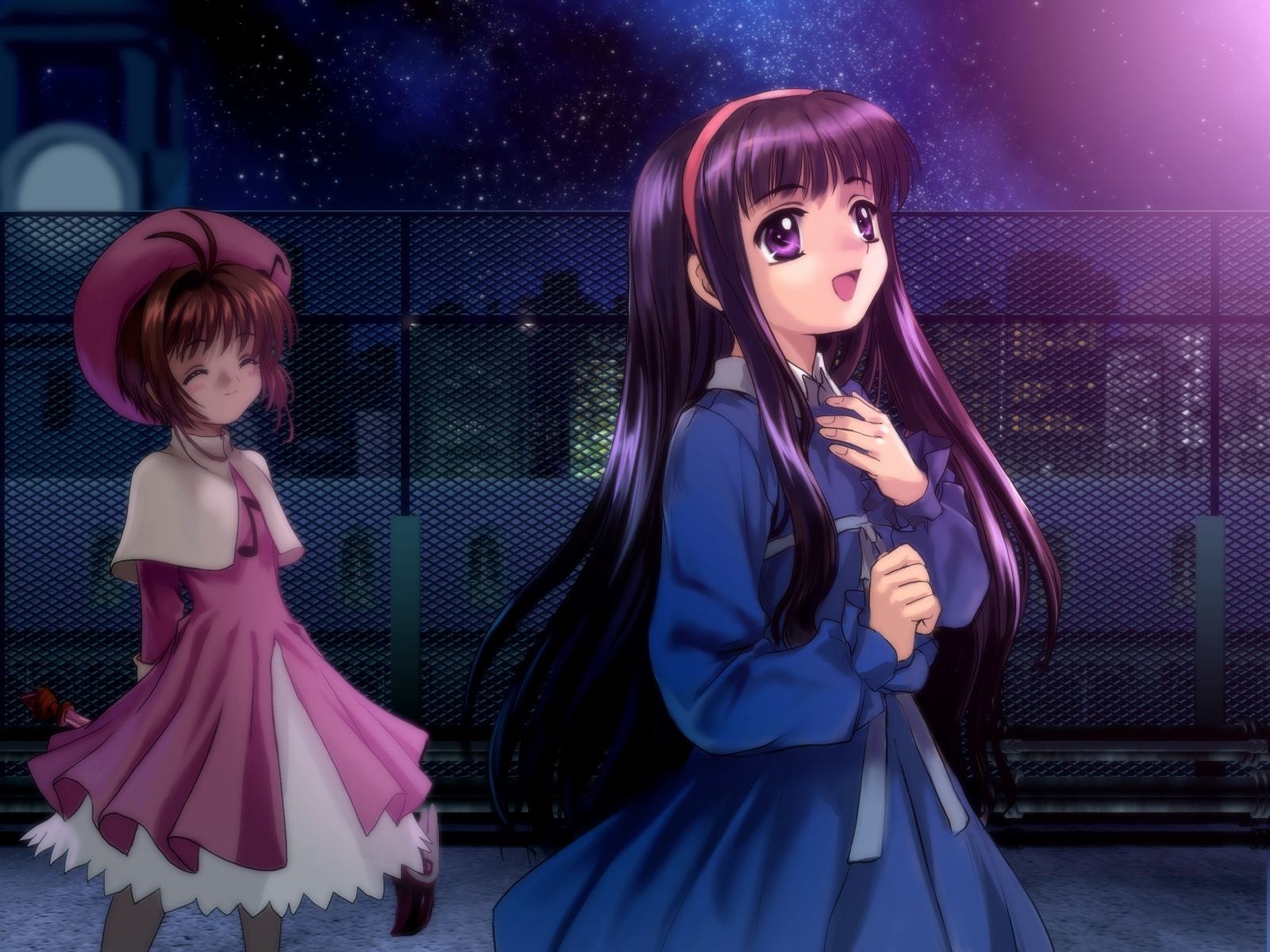 mutsuki (moonknives), daidouji tomoyo, kinomoto sakura, kinomoto sakura (musical notes), cardcaptor sakura, kodansha, highres, 1990s (style), 2girls, ^ ^, antenna hair, blunt bangs, brown hair, chain-link fence, child, closed eyes, dress, fence, hat, hime cut, long hair, multiple girls, music, night, outdoors, pink hat, purple eyes, purple hair, retro artstyle, short hair, singing, sky, star (sky), starry sky, wand