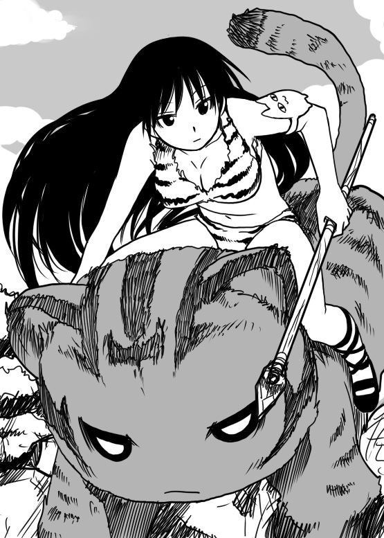 sakaki imasato, maya (azumanga), mayaa (azumanga daioh), mihama chiyo's father, sakaki (azumanga daioh), azumanga daiou, 1girl, animal print, bikini, breasts, cleavage, female focus, greyscale, large breasts, long hair, monochrome, polearm, riding, solo, spear, swimsuit, tiger, tiger print, weapon