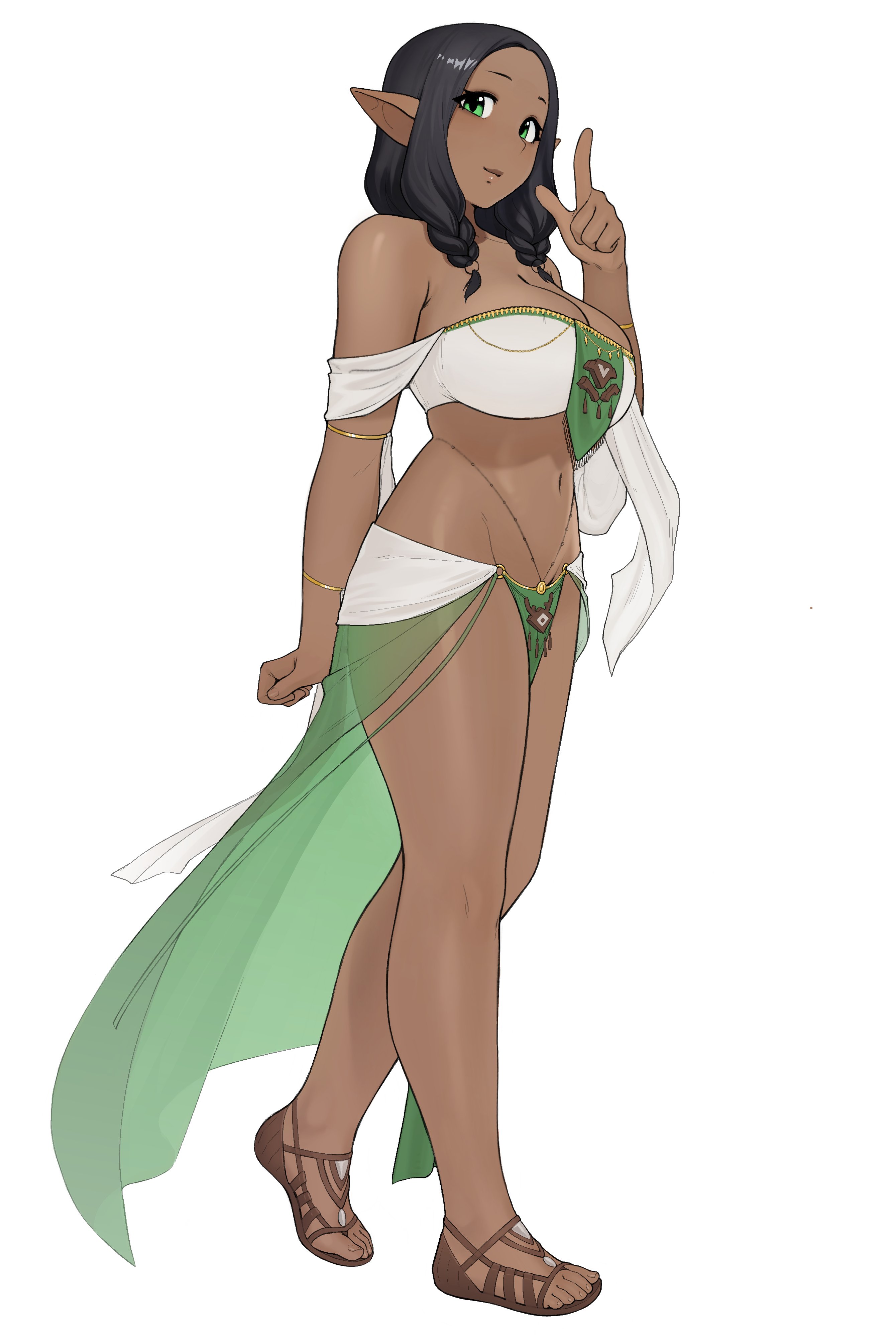 yirtios, princess zelda, nintendo, original, the legend of zelda, the legend of zelda: tears of the kingdom, gold armlet, absurdres, highres, 1girl, armlet, ashera (yirtios), bandeau, bare shoulders, belly chain, black hair, bracelet, braid, breasts, cleavage, colored skin, cosplay, dark-skinned female, dark skin, full body, gold bracelet, green eyes, green loincloth, green skin, hand up, index finger raised, jewelry, large breasts, looking at viewer, low twin braids, navel, pelvic curtain, pointy ears, princess zelda (cosplay), sandals, see-through clothes, see-through skirt, short hair, skirt, smile, solo, standing, twin braids, white bandeau