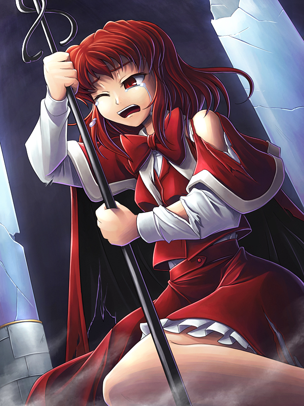 koto tsubane, okazaki yumemi, phantasmagoria of dim.dream, touhou, touhou (pc-98), 1girl, cape, crying, crying with eyes open, female focus, open mouth, red eyes, red hair, short hair, skirt, skirt set, solo, staff, tears, torn clothes, wince, wink