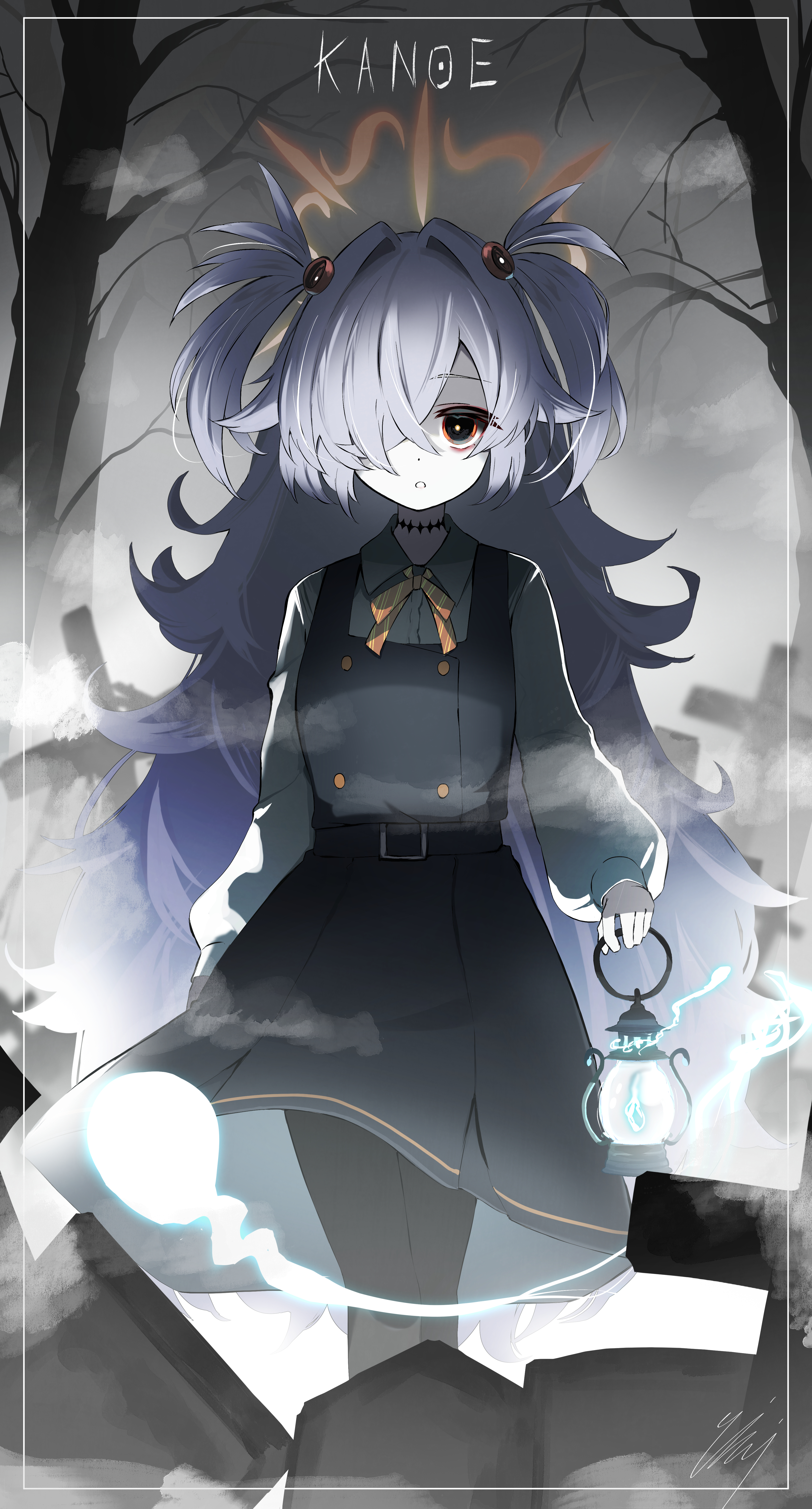 yoihami 294, kanoe (blue archive), blue archive, absurdres, highres, 1girl, bare tree, brown halo, character name, collared shirt, diagonal-striped ribbon, dress, english text, eyeball hair ornament, fog, graveyard, grey hair, hair ornament, hair over one eye, halo, holding, holding lantern, lantern, long hair, long sleeves, looking at viewer, multicolored eyes, pinafore dress, ribbon, scar, scar on neck, shirt, skirt, sleeveless, sleeveless dress, solo, tilted halo, tree, two-tone eyes, two side up, very long hair, white shirt
