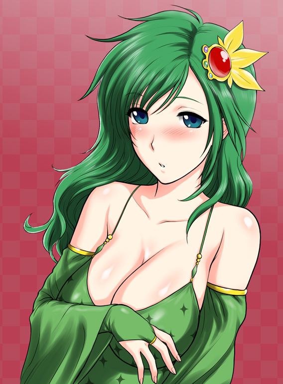 st.germain-sal, rydia (adult) (ff4), rydia (ff4), final fantasy, final fantasy iv, 1990s (style), 1girl, aged up, bare shoulders, blush, breasts, cleavage, female focus, green hair, large breasts, retro artstyle, solo
