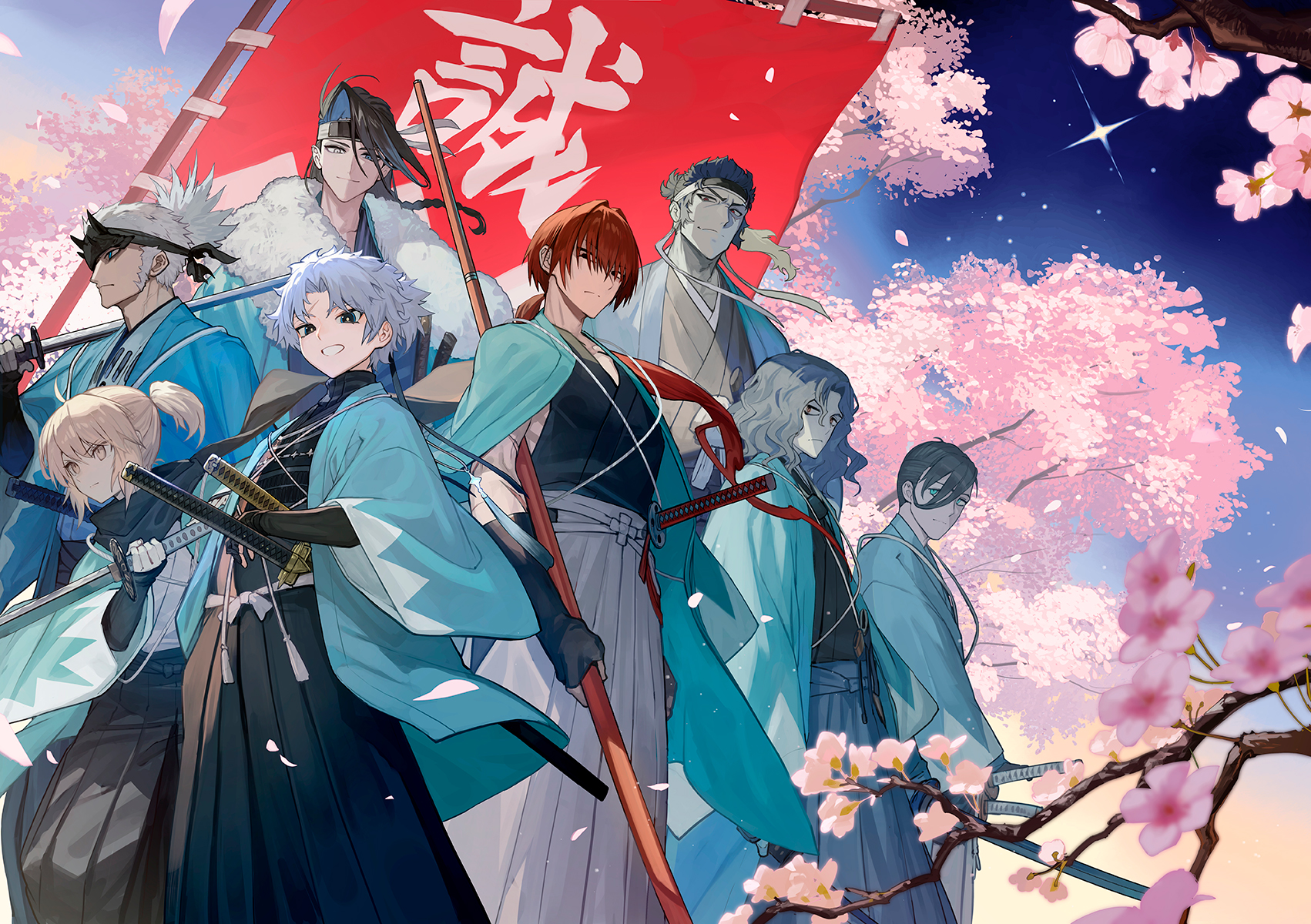 lack, harada sanosuke (fate), kondou isami (fate), nagakura shinpachi (fate), nagakura shinpachi (third ascension) (fate), okita souji (fate), saitou hajime (fate), saitou hajime (third ascension) (fate), toudou heisuke (fate), yamanami keisuke (fate), yamanami keisuke (third ascension) (fate), fate/grand order, fate (series), highres, 1girl, 6+boys, aqua haori, arm guards, black hair, black hakama, black kimono, black scarf, blonde hair, braid, cherry blossoms, curtained hair, fighting stance, flag, forehead protector, fur shawl, grey hair, grey hakama, grey kimono, hakama, haori, haori on shoulders, harada sanosuke (teal haori and hakama) (fate), headband, high ponytail, hijikata toshizou (teal haori and hakama) (fate), holding, holding polearm, holding weapon, japanese clothes, katana, kimono, medium sideburns, multiple boys, okita souji (teal haori and hakama) (fate), over shoulder, polearm, ponytail, ready to draw, red hair, scar, scar on arm, scar on face, scar on forehead, scarf, shawl, sheath, sheathed, shinsengumi (fate), short ponytail, sleeveless, sleeveless kimono, spiked headband, sword, sword over shoulder, tasuki, toudou heisuke (third ascension) (fate), unsheathed, wavy hair, weapon, weapon over shoulder, white hair, white hakama, white kimono